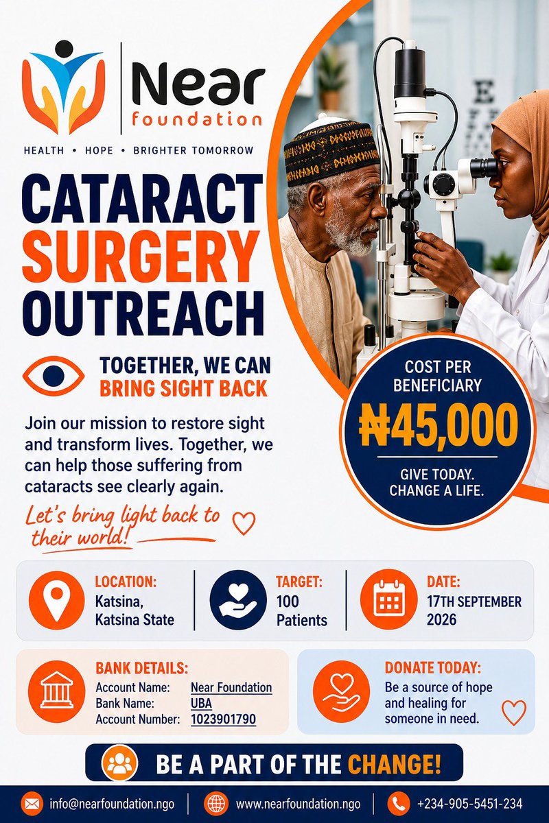 near_ngo's tweet photo. Restoring sight, restoring hope.👁️

Through our Cataract Surgery Outreach in Katsina State, 100 people will regain their sight and independence.

Every contribution brings light back into someone’s world. Join us in changing lives. 👏

#RestoreSight #NearFoundation #Cataract https://t.co/S49kF2HZ6x