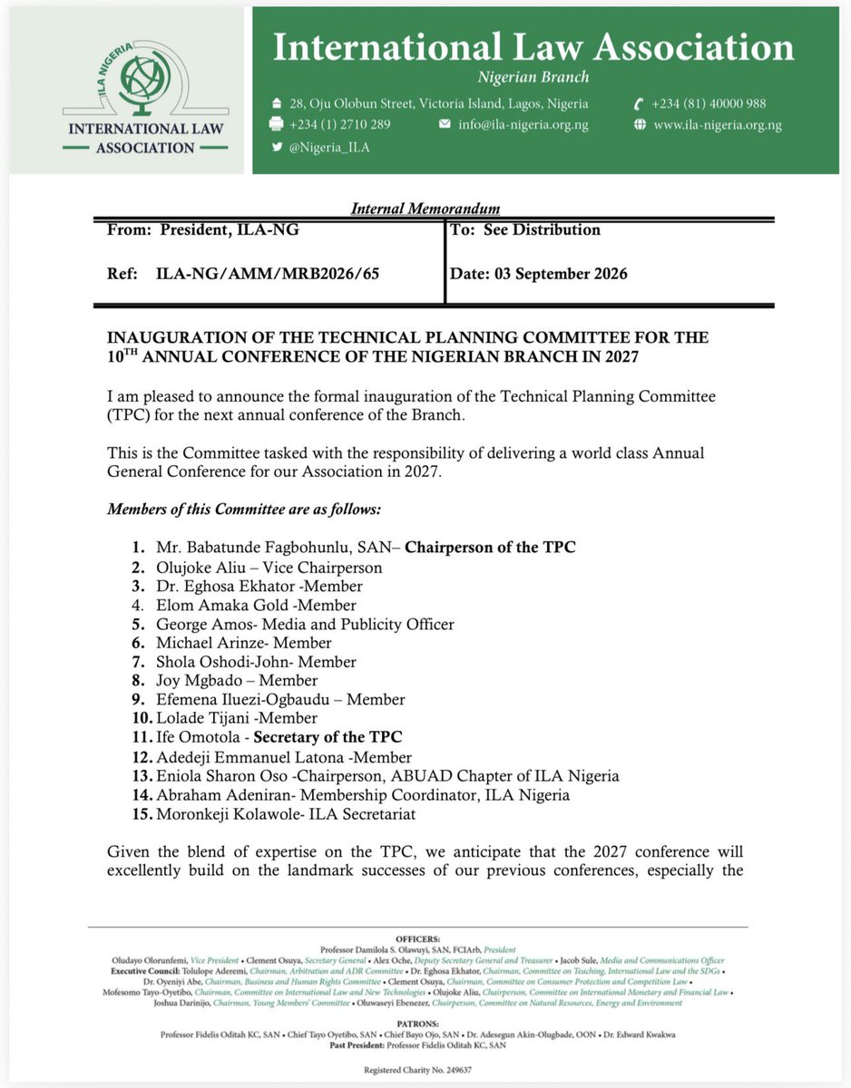 Nigeria_ILA's tweet photo. ILA PRESIDENT INAUGURATES TECHNICAL PLANNING COMMITTEE FOR THE 10TH ANNUAL GENERAL CONFERENCE OF ILA NIGERIA IN 2027

ILA Nigeria President, Prof. @dsolawuyi today inaugurated the Technical Planning Committee (TPC) for the next annual conference of the Branch under the leadership of its distinguished Chair, Mr. Tunde Fagbohunlu, SAN. 

In a brief ceremony, the President charged the Committee to deliver a world class Annual General Conference for our Association in 2027. 

Congratulations to members of this Committee:
1. Mr. Tunde Fagbohunlu, SAN– Chairperson of the TPC
2. Olujoke Aliu – Vice Chairperson
3. Dr. Eghosa Ekhator -Member
4. Amaka Gold Elom -Member
5. George Amos, CESGR - Media and Publicity Officer
6. Michael M. Arinze - Member  
7. Shola Oshodi-John  - Member
8. Joy Mgbado – Member
9. Efemena Iluezi-Ogbaudu – Member
10. Lolade Tijani -Member
11. Ife Omotola  - Secretary of the TPC
12. Latona Adedeji Emmanuel  -Member
13. Sharon Osho,AcArb.  -Chairperson/President, ABUAD Chapter of ILA Nigeria
14. Abraham Oluwapelumi Adeniran - Membership Coordinator, ILA Nigeria
15. Moronkeji Kolawole - ILA Secretariat