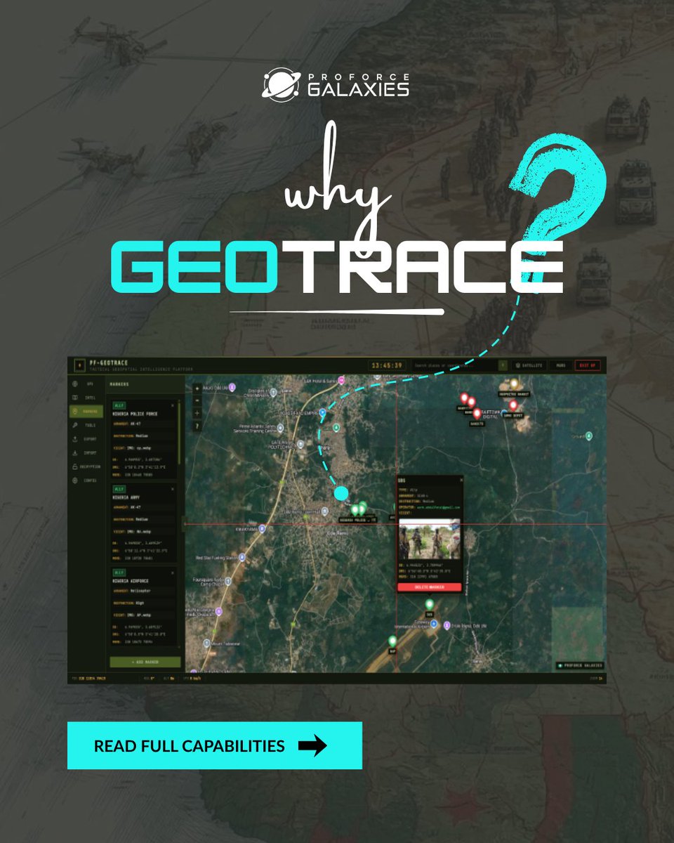 pf_galaxies's tweet photo. PF-GEOTRACE unifies real-time tracking, spatial intelligence, secure data and SOS alerts in one C2 dashboard—helping commanders make faster, informed decisions.
🌐 https://t.co/1B6TIe4ZiQ
📩 DM to book a demo.
#PFGEOTRACE #ProforceGalaxies #DefenceTechnology https://t.co/o205TlJPHi