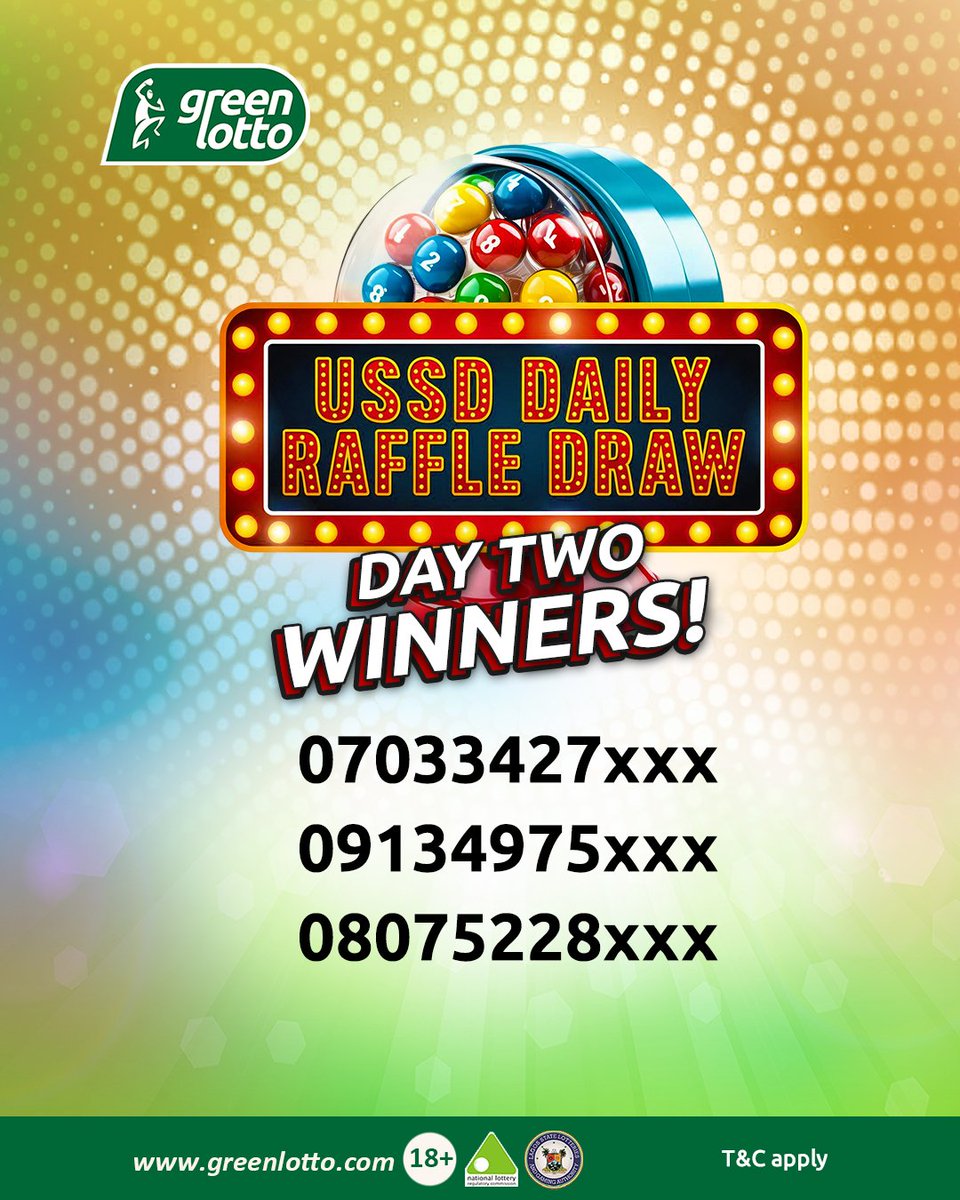 GreenlottoNg's tweet photo. Congratulations to our 3 lucky winners! 🥳 Each winner will receive ₦500 airtime.

Didn’t win today? Don’t worry! Play ₦100 tomorrow via *73342# for another chance to be among our winners.

📱 Available on Glo & MTN.

More winners, more chances! Stay tuned for Day 3.

#GreenLotto #RaffleDraw #Day1Winners #GreenLottoNG #USSDRaffle #Congratulations