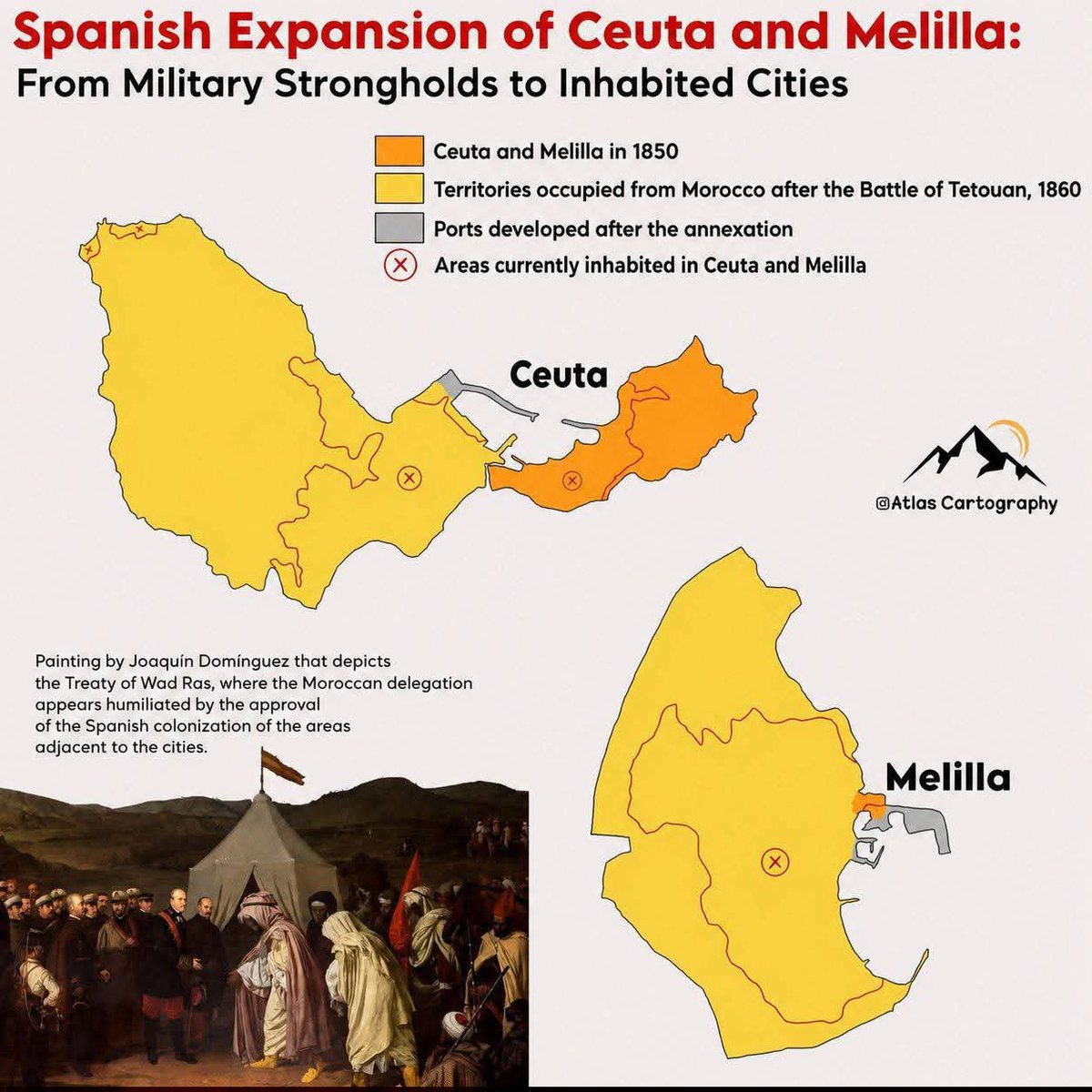 midodiaz44's tweet photo. @FatimaHHossain Fatima traidora! qué se llama  robar 14,5 km² de territorios marroquíes en 1860 para ampliar la plaza de Ceuta que solo tenía 3,6 km²? Los territorios en amarillo pertenecían a Marruecos hasta 1860. Y Seguramente tú vives en estos territorios como todos los colonos españoles. https://t.co/GHF1ycYEiQ