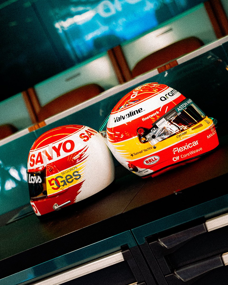 AstonMartinF1's tweet photo. A nod to where it all began. 

Revealing @alo_oficial special #ItalianGP helmet, inspired by Adrián Campos.

Adrián was the first to spot Fernando’s talent, becoming his first manager and helping guide him into the world of formula racing. Now, his iconic helmet returns to the track at Monza, with his family there to share the moment.