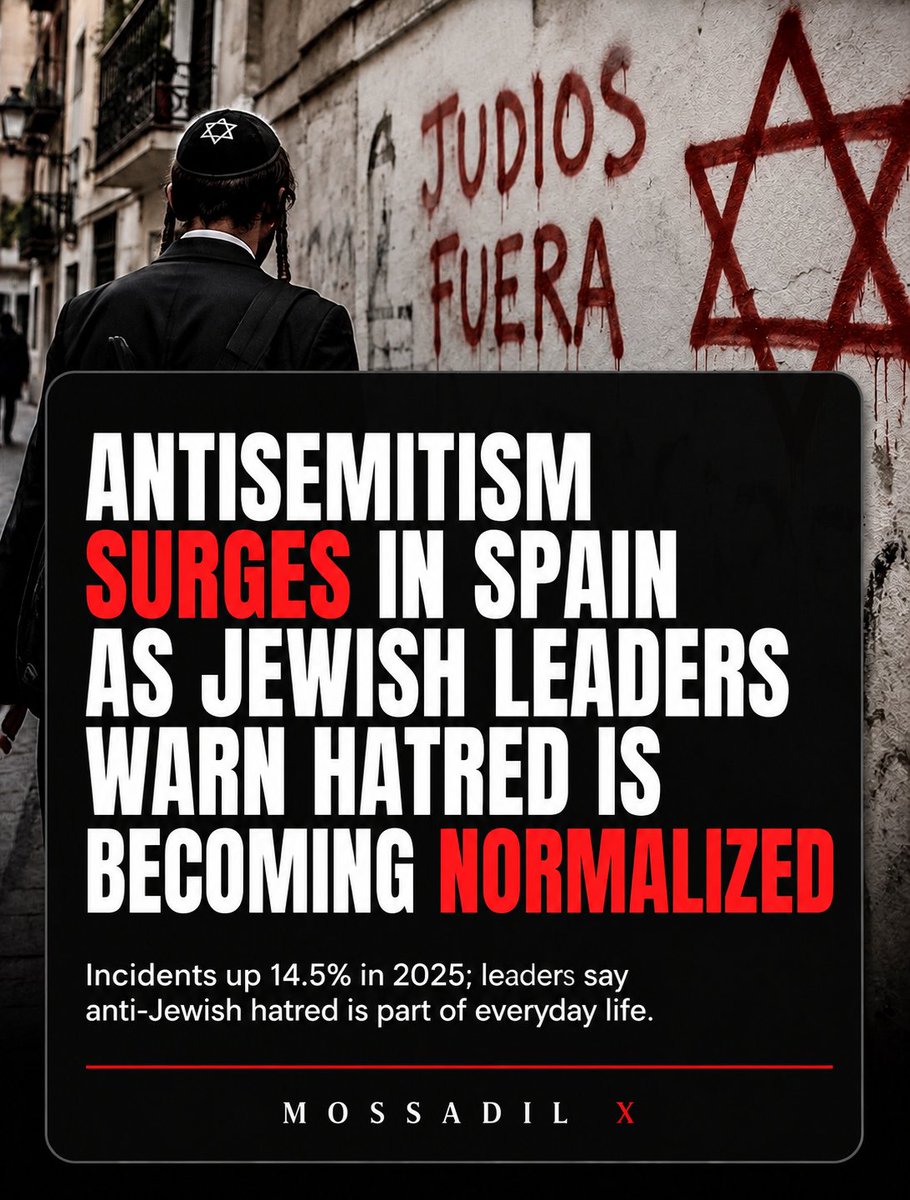 MOSSADil's tweet photo. 🚨 ANTISEMITISM SURGES IN SPAIN AS JEWISH LEADERS WARN HATRED IS BECOMING NORMALIZED

Antisemitic incidents in Spain jumped 14.5% in 2025, with 221 cases documented, up from 193 in 2024.

FCJE President David Obadía: “Our children are the only ones who go to school with a police presence, and insults and discrimination are part of everyday life.”

The report warns anti-Jewish hostility has spread through social, educational, cultural and online spaces since Oct. 7.