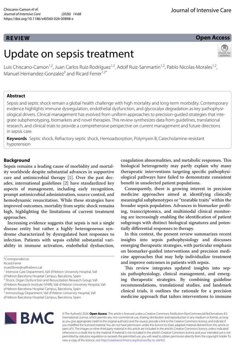 pnicolas97's tweet photo. 🚨 ¡¡Recién salido del horno!! 🚨
En nuestro grupo de investigación seguimos avanzando hacia una medicina de precisión en el abordaje de la sepsis y el shock séptico. 🧬🩺
Publicamos en Journal of Intensive Care nuestra revisión "Update on sepsis treatment". Link abajo 👇 https://t.co/AjcCeOyxdk