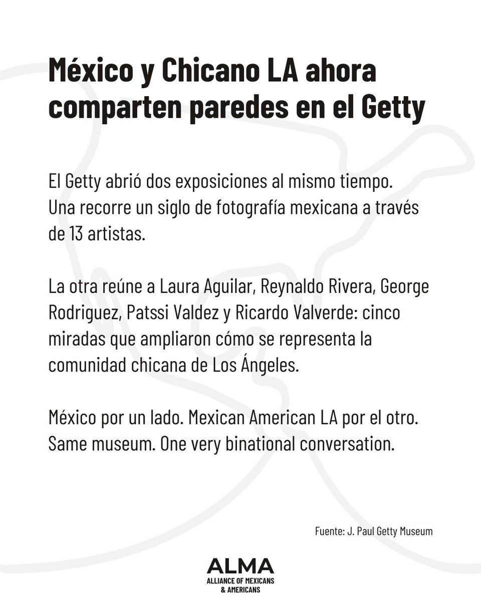 AlmaMexUs's tweet photo. Hoy el #InfoMEXUS viene con historia, cultura, representación y una idea que se repite bastante: lo mexicano en US no está “de visita”. Ya forma parte del paisaje.

En Chicago, #Xochicago conecta las chinampas de Xochimilco con soluciones ambientales para el Chicago River. 

En Washington, Roberto Lazzeri pone sobre la mesa una agenda muy MEXUS: comunidad, protección, comercio y relación binacional.

Mientras tanto, el Getty abre dos exposiciones que unen fotografía mexicana y memoria chicana de Los Ángeles. 

Y en San Antonio, #SomosAmericanos recuerda algo básico pero importante: la historia mexicoamericana también es historia de US.Knowledge, culture, representation and belonging.

Different stories. Same MEXUS footprint.
#ALMA #ALMAMexUS #InfoMEXUS