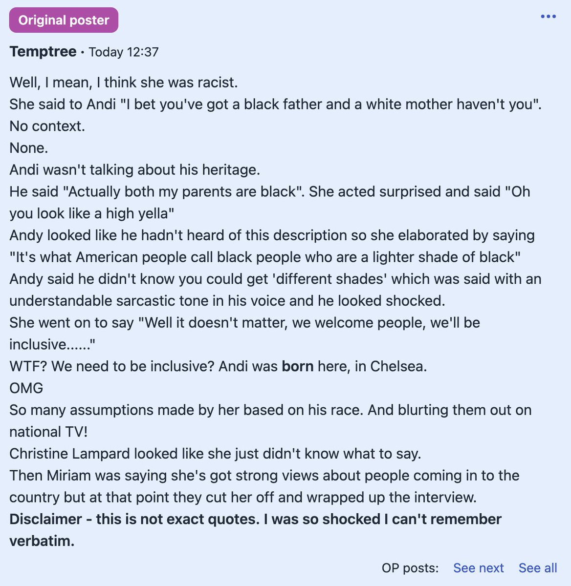 ripx4nutmeg's tweet photo. On This Morning, Miriam Margoyles allegedly started commenting on Andi Peters' skin colour, saying he must have a white parent (he doesn't) and that he was "welcome" in the UK, even though he was born here.

ITV issued no apology and just cut this out when the show went online. https://t.co/YAdft7ZBI3