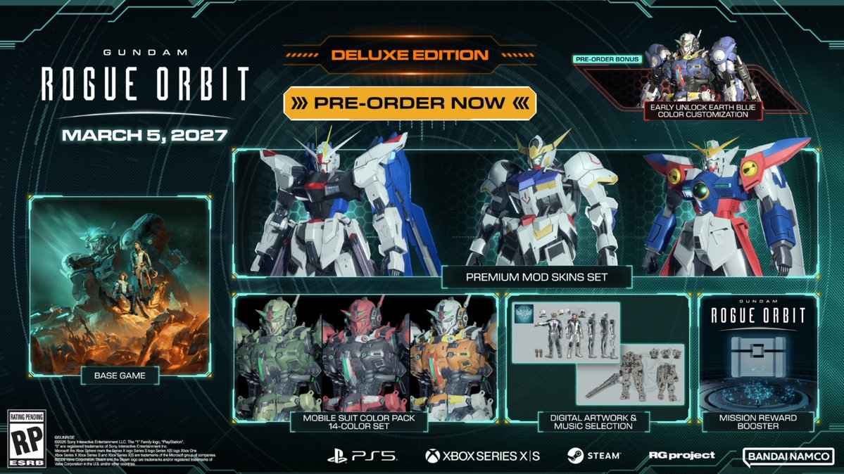BandaiNamcoUS's tweet photo. Check out the Deluxe Edition for GUNDAM ROGUE ORBIT!

The Deluxe Edition includes the Premium MOD Skin Set, Mobile Suit Color Pack – 14-Color Set, and more!

https://t.co/REA7081QZv https://t.co/2Es3esW4Ao