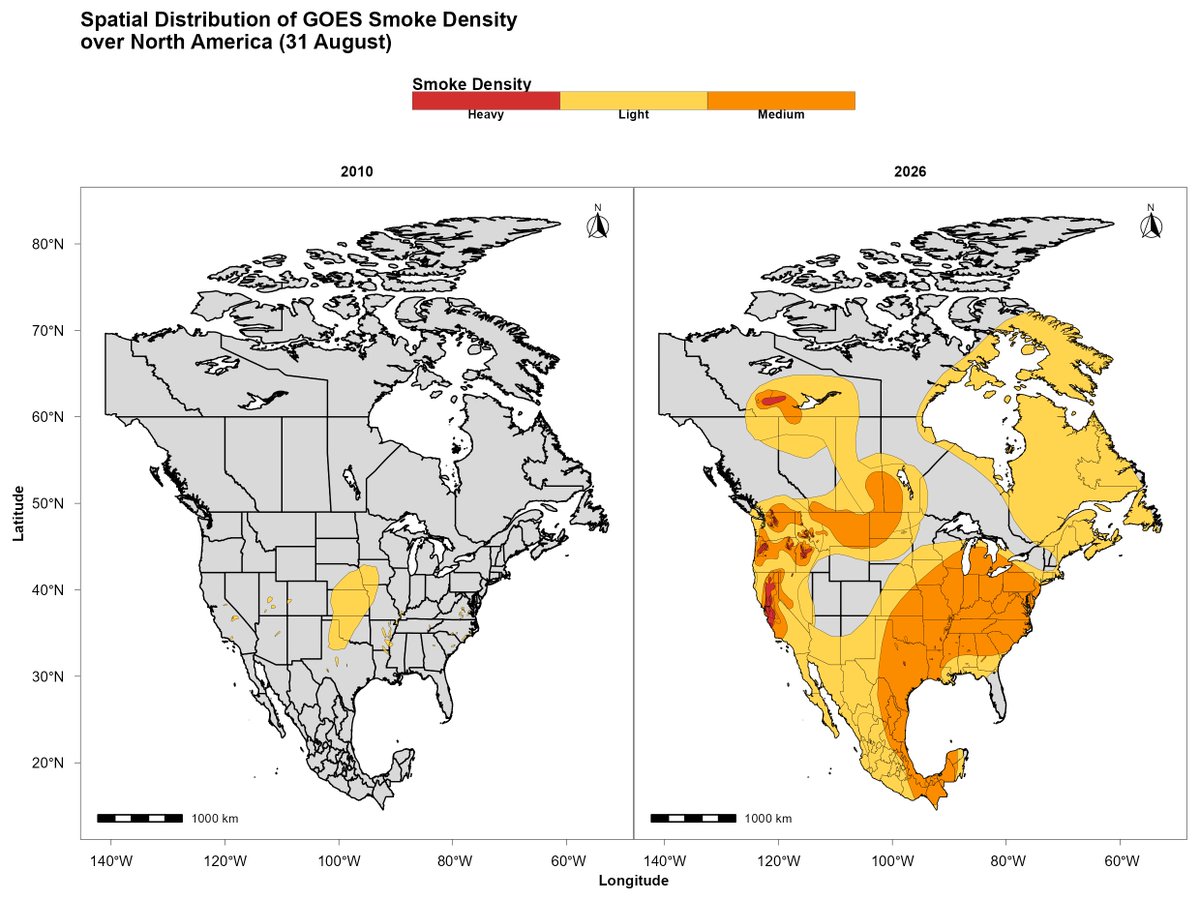 alihassansha12's tweet photo. Expanding Smoke Footprint over North America: GOES Satellite Comparison (2010 vs. 2026) #WildfireMonitoring #SmokeMonitoring #AirQuality #EnvironmentalMonitoring #DisasterRiskManagement #GISConsultant #GISConsulting #RemoteSensingJobs #GISJobs #GeospatialJobs #RemoteGIS #usafirst https://t.co/58zZzoHaM0