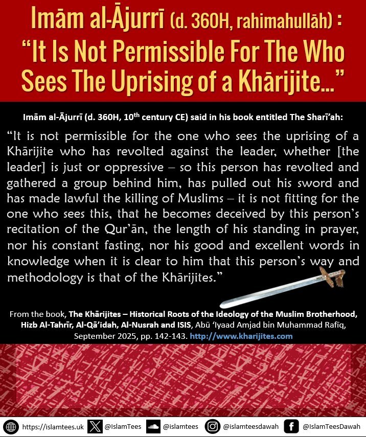 IslamTees's tweet photo. Part 1:

𝐓𝐡𝐞 𝐂𝐥𝐞𝐚𝐫 𝐒𝐭𝐚𝐭𝐞𝐦𝐞𝐧𝐭𝐬 𝐚𝐧𝐝 𝐔𝐧𝐰𝐚𝐯𝐞𝐫𝐢𝐧𝐠 𝐒𝐭𝐚𝐧𝐜𝐞𝐬 𝐨𝐟 𝐭𝐡𝐞 𝐌𝐚𝐣𝐨𝐫 𝐒𝐜𝐡𝐨𝐥𝐚𝐫𝐬 𝐚𝐧𝐝 𝐆𝐫𝐞𝐚𝐭 𝐈𝐦𝐚𝐚𝐦𝐬 𝐨𝐟 𝐀𝐡𝐥𝐮𝐬-𝐒𝐮𝐧𝐧𝐚𝐡 𝐰𝐚𝐥-𝐉𝐚𝐦𝐚𝐚’𝐚𝐡 𝐂𝐨𝐧𝐜𝐞𝐫𝐧𝐢𝐧𝐠 𝐭𝐡𝐞 𝐑𝐮𝐥𝐞𝐫𝐬 𝐚𝐧𝐝 𝐊𝐡𝐮𝐫𝐨𝐨𝐣 (𝐑𝐞𝐛𝐞𝐥𝐥𝐢𝐨𝐧) - 𝐄𝐬𝐬𝐞𝐧𝐭𝐢𝐚𝐥 𝐑𝐞𝐟𝐥𝐞𝐜𝐭𝐢𝐨𝐧 𝐟𝐨𝐫 𝐭𝐡𝐞 𝐎𝐧𝐞 𝐰𝐡𝐨 𝐂𝐚𝐫𝐞𝐬 𝐀𝐛𝐨𝐮𝐭 𝐇𝐢𝐬 𝐂𝐫𝐞𝐞𝐝 𝐚𝐧𝐝 𝐌𝐞𝐭𝐡𝐨𝐝𝐨𝐥𝐨𝐠𝐲, 𝐒𝐚𝐟𝐞𝐠𝐮𝐚𝐫𝐝𝐢𝐧𝐠 𝐢𝐭 𝐅𝐫𝐨𝐦 𝐑𝐞𝐛𝐞𝐥𝐥𝐢𝐧𝐠 𝐀𝐠𝐚𝐢𝐧𝐬𝐭 𝐭𝐡𝐞 𝐂𝐨𝐧𝐬𝐞𝐧𝐬𝐮𝐬 𝐨𝐟 𝐭𝐡𝐞 𝐒𝐚𝐥𝐚𝐟.

The following evident statements, principles and stances make clear the Madhhab of the Salaf and Ahlul-Hadīth, their ‘Aqīdah and Manhaj with regards to the rulers and not rebelling against them.

Narrated 'Ubada bin As-Samit (radiyallahu ‘anhu):"𝐖𝐞 𝐠𝐚𝐯𝐞 𝐭𝐡𝐞 𝐨𝐚𝐭𝐡 𝐨𝐟 𝐚𝐥𝐥𝐞𝐠𝐢𝐚𝐧𝐜𝐞 𝐭𝐨 𝐀𝐥𝐥𝐚𝐡'𝐬 𝐌𝐞𝐬𝐬𝐞𝐧𝐠𝐞𝐫 (𝐬𝐚𝐥𝐥𝐚𝐥𝐥𝐚𝐚𝐡𝐮 ‘𝐚𝐥𝐚𝐢𝐡𝐢-𝐰𝐚𝐬𝐚𝐥𝐥𝐚𝐦) 𝐭𝐡𝐚𝐭 𝐰𝐞 𝐰𝐨𝐮𝐥𝐝 𝐥𝐢𝐬𝐭𝐞𝐧 𝐭𝐨 𝐚𝐧𝐝 𝐨𝐛𝐞𝐲 𝐡𝐢𝐦 𝐛𝐨𝐭𝐡 𝐚𝐭 𝐭𝐡𝐞 𝐭𝐢𝐦𝐞 𝐰𝐡𝐞𝐧 𝐰𝐞 𝐰𝐞𝐫𝐞 𝐚𝐜𝐭𝐢𝐯𝐞 𝐚𝐧𝐝 𝐚𝐭 𝐭𝐡𝐞 𝐭𝐢𝐦𝐞 𝐰𝐡𝐞𝐧 𝐰𝐞 𝐰𝐞𝐫𝐞 𝐭𝐢𝐫𝐞𝐝 𝐚𝐧𝐝 𝐭𝐡𝐚𝐭 𝐰𝐞 𝐰𝐨𝐮𝐥𝐝 𝐧𝐨𝐭 𝐟𝐢𝐠𝐡𝐭 𝐚𝐠𝐚𝐢𝐧𝐬𝐭 𝐭𝐡𝐞 𝐫𝐮𝐥𝐞𝐫 𝐨𝐫 𝐝𝐢𝐬𝐨𝐛𝐞𝐲 𝐡𝐢𝐦, 𝐚𝐧𝐝 𝐰𝐨𝐮𝐥𝐝 𝐬𝐭𝐚𝐧𝐝 𝐟𝐢𝐫𝐦 𝐟𝐨𝐫 𝐭𝐡𝐞 𝐭𝐫𝐮𝐭𝐡 𝐨𝐫 𝐬𝐚𝐲 𝐭𝐡𝐞 𝐭𝐫𝐮𝐭𝐡 𝐰𝐡𝐞𝐫𝐞𝐯𝐞𝐫 𝐰𝐞 𝐦𝐢𝐠𝐡𝐭 𝐛𝐞, 𝐚𝐧𝐝 𝐢𝐧 𝐭𝐡𝐞 𝐖𝐚𝐲 𝐨𝐟 𝐀𝐥𝐥𝐚𝐡 𝐰𝐞 𝐰𝐨𝐮𝐥𝐝 𝐧𝐨𝐭 𝐛𝐞 𝐚𝐟𝐫𝐚𝐢𝐝 𝐨𝐟 𝐭𝐡𝐞 𝐛𝐥𝐚𝐦𝐞 𝐨𝐟 𝐭𝐡𝐞 𝐛𝐥𝐚𝐦𝐞𝐫𝐬."

𝑆𝑎ℎ𝑖ℎ 𝑎𝑙-𝐵𝑢𝑘ℎ𝑎𝑟𝑖 7199, 7200 𝑖𝑛 𝑡ℎ𝑒 𝐵𝑜𝑜𝑘 𝑜𝑓 𝐽𝑢𝑑𝑔𝑒𝑚𝑒𝑛𝑡𝑠 𝑢𝑛𝑑𝑒𝑟 𝑡ℎ𝑒 𝐶ℎ𝑎𝑝𝑡𝑒𝑟 𝐻𝑒𝑎𝑑𝑖𝑛𝑔: 𝐻𝑜𝑤 𝐷𝑜 𝑡ℎ𝑒 𝑃𝑒𝑜𝑝𝑙𝑒 𝐺𝑖𝑣𝑒 𝑡ℎ𝑒 𝐵𝑎𝑦'𝑎ℎ (𝑂𝑎𝑡ℎ 𝑜𝑓 𝐴𝑙𝑙𝑒𝑔𝑖𝑎𝑛𝑐𝑒) 𝑡𝑜 𝑡ℎ𝑒 𝐼𝑚ā𝑚 (𝑅𝑢𝑙𝑒𝑟)?

Abud-Dardā (radi'Allāhu 'anhu) heard the Messenger of Allāh (sallallahu alaihi wasallam) say: 

"Whoever treads a path due to which he seeks knowledge, Allaah will make him tread one of the paths towards Paradise. And the angels lower their wings out of contentment for the seeker of knowledge. And verily all those in the heavens and the earth, even the fish in the depths of the sea ask forgiveness for the scholar. And verily, the virtue of the scholar over the worshipper is like the virtue of the moon on the night of Al Badr over all the stars. 𝐈𝐧𝐝𝐞𝐞𝐝, 𝐭𝐡𝐞 𝐬𝐜𝐡𝐨𝐥𝐚𝐫𝐬 𝐚𝐫𝐞 𝐭𝐡𝐞 𝐢𝐧𝐡𝐞𝐫𝐢𝐭𝐨𝐫𝐬 𝐨𝐟 𝐭𝐡𝐞 𝐩𝐫𝐨𝐩𝐡𝐞𝐭𝐬, 𝐟𝐨𝐫 𝐭𝐡𝐞 𝐩𝐫𝐨𝐩𝐡𝐞𝐭𝐬 𝐝𝐨 𝐧𝐨𝐭 𝐥𝐞𝐚𝐯𝐞 𝐛𝐞𝐡𝐢𝐧𝐝 𝐚 𝐝𝐢𝐧𝐚𝐫 𝐨𝐫 𝐚 𝐝𝐢𝐫𝐡𝐚𝐦 𝐟𝐨𝐫 𝐢𝐧𝐡𝐞𝐫𝐢𝐭𝐚𝐧𝐜𝐞, 𝐛𝐮𝐭 𝐫𝐚𝐭𝐡𝐞𝐫, 𝐭𝐡𝐞𝐲 𝐥𝐞𝐚𝐯𝐞 𝐛𝐞𝐡𝐢𝐧𝐝 𝐤𝐧𝐨𝐰𝐥𝐞𝐝𝐠𝐞. 𝐒𝐨 𝐰𝐡𝐨𝐞𝐯𝐞𝐫 𝐭𝐚𝐤𝐞𝐬 𝐡𝐨𝐥𝐝 𝐨𝐟 𝐢𝐭, 𝐡𝐚𝐬 𝐚𝐜𝐪𝐮𝐢𝐫𝐞𝐝 𝐚 𝐥𝐚𝐫𝐠𝐞 𝐬𝐡𝐚𝐫𝐞 (𝐢.𝐞. 𝐨𝐟 𝐢𝐧𝐡𝐞𝐫𝐢𝐭𝐚𝐧𝐜𝐞)."

𝘚𝘶𝘯𝘢𝘯 𝘈𝘣𝘪 𝘋𝘢𝘸𝘶𝘥 3641, 𝘉𝘰𝘰𝘬 𝘰𝘧 𝘒𝘯𝘰𝘸𝘭𝘦𝘥𝘨𝘦 (𝘒𝘪𝘵𝘢𝘣 𝘈𝘭-𝘐𝘭𝘮), 𝘚𝘢𝘩𝘪𝘩 (𝘈𝘭-𝘈𝘭𝘣𝘢𝘯𝘪).

Take a hold and share of their inheritance (of knowledge), follow the major scholars, return to the great imams whose creed, methodology, principles and stances regarding the rulers and khurooj is still well known and established even after their passing away so you can be "with" the scholars in relation to this serious and very important creedal and methodological issue.

Note: this should be common knowledge for those who’ve read or studied the 𝙗𝙤𝙤𝙠𝙨 𝙤𝙛 𝘼𝙦𝙚𝙚𝙙𝙖𝙝 of our Salaf and Imāms of Ahlus-Sunnah wal-Jamā’ah (scholars deeply rooted in knowledge and insight) – rahimahumullāh – but has been provided for reference sake. This is also by no means a complete list, and could be added to, in-shā-'Allāh.