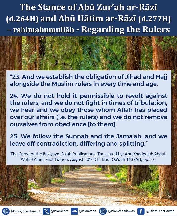 IslamTees's tweet photo. Part 1:

𝐓𝐡𝐞 𝐂𝐥𝐞𝐚𝐫 𝐒𝐭𝐚𝐭𝐞𝐦𝐞𝐧𝐭𝐬 𝐚𝐧𝐝 𝐔𝐧𝐰𝐚𝐯𝐞𝐫𝐢𝐧𝐠 𝐒𝐭𝐚𝐧𝐜𝐞𝐬 𝐨𝐟 𝐭𝐡𝐞 𝐌𝐚𝐣𝐨𝐫 𝐒𝐜𝐡𝐨𝐥𝐚𝐫𝐬 𝐚𝐧𝐝 𝐆𝐫𝐞𝐚𝐭 𝐈𝐦𝐚𝐚𝐦𝐬 𝐨𝐟 𝐀𝐡𝐥𝐮𝐬-𝐒𝐮𝐧𝐧𝐚𝐡 𝐰𝐚𝐥-𝐉𝐚𝐦𝐚𝐚’𝐚𝐡 𝐂𝐨𝐧𝐜𝐞𝐫𝐧𝐢𝐧𝐠 𝐭𝐡𝐞 𝐑𝐮𝐥𝐞𝐫𝐬 𝐚𝐧𝐝 𝐊𝐡𝐮𝐫𝐨𝐨𝐣 (𝐑𝐞𝐛𝐞𝐥𝐥𝐢𝐨𝐧) - 𝐄𝐬𝐬𝐞𝐧𝐭𝐢𝐚𝐥 𝐑𝐞𝐟𝐥𝐞𝐜𝐭𝐢𝐨𝐧 𝐟𝐨𝐫 𝐭𝐡𝐞 𝐎𝐧𝐞 𝐰𝐡𝐨 𝐂𝐚𝐫𝐞𝐬 𝐀𝐛𝐨𝐮𝐭 𝐇𝐢𝐬 𝐂𝐫𝐞𝐞𝐝 𝐚𝐧𝐝 𝐌𝐞𝐭𝐡𝐨𝐝𝐨𝐥𝐨𝐠𝐲, 𝐒𝐚𝐟𝐞𝐠𝐮𝐚𝐫𝐝𝐢𝐧𝐠 𝐢𝐭 𝐅𝐫𝐨𝐦 𝐑𝐞𝐛𝐞𝐥𝐥𝐢𝐧𝐠 𝐀𝐠𝐚𝐢𝐧𝐬𝐭 𝐭𝐡𝐞 𝐂𝐨𝐧𝐬𝐞𝐧𝐬𝐮𝐬 𝐨𝐟 𝐭𝐡𝐞 𝐒𝐚𝐥𝐚𝐟.

The following evident statements, principles and stances make clear the Madhhab of the Salaf and Ahlul-Hadīth, their ‘Aqīdah and Manhaj with regards to the rulers and not rebelling against them.

Narrated 'Ubada bin As-Samit (radiyallahu ‘anhu):"𝐖𝐞 𝐠𝐚𝐯𝐞 𝐭𝐡𝐞 𝐨𝐚𝐭𝐡 𝐨𝐟 𝐚𝐥𝐥𝐞𝐠𝐢𝐚𝐧𝐜𝐞 𝐭𝐨 𝐀𝐥𝐥𝐚𝐡'𝐬 𝐌𝐞𝐬𝐬𝐞𝐧𝐠𝐞𝐫 (𝐬𝐚𝐥𝐥𝐚𝐥𝐥𝐚𝐚𝐡𝐮 ‘𝐚𝐥𝐚𝐢𝐡𝐢-𝐰𝐚𝐬𝐚𝐥𝐥𝐚𝐦) 𝐭𝐡𝐚𝐭 𝐰𝐞 𝐰𝐨𝐮𝐥𝐝 𝐥𝐢𝐬𝐭𝐞𝐧 𝐭𝐨 𝐚𝐧𝐝 𝐨𝐛𝐞𝐲 𝐡𝐢𝐦 𝐛𝐨𝐭𝐡 𝐚𝐭 𝐭𝐡𝐞 𝐭𝐢𝐦𝐞 𝐰𝐡𝐞𝐧 𝐰𝐞 𝐰𝐞𝐫𝐞 𝐚𝐜𝐭𝐢𝐯𝐞 𝐚𝐧𝐝 𝐚𝐭 𝐭𝐡𝐞 𝐭𝐢𝐦𝐞 𝐰𝐡𝐞𝐧 𝐰𝐞 𝐰𝐞𝐫𝐞 𝐭𝐢𝐫𝐞𝐝 𝐚𝐧𝐝 𝐭𝐡𝐚𝐭 𝐰𝐞 𝐰𝐨𝐮𝐥𝐝 𝐧𝐨𝐭 𝐟𝐢𝐠𝐡𝐭 𝐚𝐠𝐚𝐢𝐧𝐬𝐭 𝐭𝐡𝐞 𝐫𝐮𝐥𝐞𝐫 𝐨𝐫 𝐝𝐢𝐬𝐨𝐛𝐞𝐲 𝐡𝐢𝐦, 𝐚𝐧𝐝 𝐰𝐨𝐮𝐥𝐝 𝐬𝐭𝐚𝐧𝐝 𝐟𝐢𝐫𝐦 𝐟𝐨𝐫 𝐭𝐡𝐞 𝐭𝐫𝐮𝐭𝐡 𝐨𝐫 𝐬𝐚𝐲 𝐭𝐡𝐞 𝐭𝐫𝐮𝐭𝐡 𝐰𝐡𝐞𝐫𝐞𝐯𝐞𝐫 𝐰𝐞 𝐦𝐢𝐠𝐡𝐭 𝐛𝐞, 𝐚𝐧𝐝 𝐢𝐧 𝐭𝐡𝐞 𝐖𝐚𝐲 𝐨𝐟 𝐀𝐥𝐥𝐚𝐡 𝐰𝐞 𝐰𝐨𝐮𝐥𝐝 𝐧𝐨𝐭 𝐛𝐞 𝐚𝐟𝐫𝐚𝐢𝐝 𝐨𝐟 𝐭𝐡𝐞 𝐛𝐥𝐚𝐦𝐞 𝐨𝐟 𝐭𝐡𝐞 𝐛𝐥𝐚𝐦𝐞𝐫𝐬."

𝑆𝑎ℎ𝑖ℎ 𝑎𝑙-𝐵𝑢𝑘ℎ𝑎𝑟𝑖 7199, 7200 𝑖𝑛 𝑡ℎ𝑒 𝐵𝑜𝑜𝑘 𝑜𝑓 𝐽𝑢𝑑𝑔𝑒𝑚𝑒𝑛𝑡𝑠 𝑢𝑛𝑑𝑒𝑟 𝑡ℎ𝑒 𝐶ℎ𝑎𝑝𝑡𝑒𝑟 𝐻𝑒𝑎𝑑𝑖𝑛𝑔: 𝐻𝑜𝑤 𝐷𝑜 𝑡ℎ𝑒 𝑃𝑒𝑜𝑝𝑙𝑒 𝐺𝑖𝑣𝑒 𝑡ℎ𝑒 𝐵𝑎𝑦'𝑎ℎ (𝑂𝑎𝑡ℎ 𝑜𝑓 𝐴𝑙𝑙𝑒𝑔𝑖𝑎𝑛𝑐𝑒) 𝑡𝑜 𝑡ℎ𝑒 𝐼𝑚ā𝑚 (𝑅𝑢𝑙𝑒𝑟)?

Abud-Dardā (radi'Allāhu 'anhu) heard the Messenger of Allāh (sallallahu alaihi wasallam) say: 

"Whoever treads a path due to which he seeks knowledge, Allaah will make him tread one of the paths towards Paradise. And the angels lower their wings out of contentment for the seeker of knowledge. And verily all those in the heavens and the earth, even the fish in the depths of the sea ask forgiveness for the scholar. And verily, the virtue of the scholar over the worshipper is like the virtue of the moon on the night of Al Badr over all the stars. 𝐈𝐧𝐝𝐞𝐞𝐝, 𝐭𝐡𝐞 𝐬𝐜𝐡𝐨𝐥𝐚𝐫𝐬 𝐚𝐫𝐞 𝐭𝐡𝐞 𝐢𝐧𝐡𝐞𝐫𝐢𝐭𝐨𝐫𝐬 𝐨𝐟 𝐭𝐡𝐞 𝐩𝐫𝐨𝐩𝐡𝐞𝐭𝐬, 𝐟𝐨𝐫 𝐭𝐡𝐞 𝐩𝐫𝐨𝐩𝐡𝐞𝐭𝐬 𝐝𝐨 𝐧𝐨𝐭 𝐥𝐞𝐚𝐯𝐞 𝐛𝐞𝐡𝐢𝐧𝐝 𝐚 𝐝𝐢𝐧𝐚𝐫 𝐨𝐫 𝐚 𝐝𝐢𝐫𝐡𝐚𝐦 𝐟𝐨𝐫 𝐢𝐧𝐡𝐞𝐫𝐢𝐭𝐚𝐧𝐜𝐞, 𝐛𝐮𝐭 𝐫𝐚𝐭𝐡𝐞𝐫, 𝐭𝐡𝐞𝐲 𝐥𝐞𝐚𝐯𝐞 𝐛𝐞𝐡𝐢𝐧𝐝 𝐤𝐧𝐨𝐰𝐥𝐞𝐝𝐠𝐞. 𝐒𝐨 𝐰𝐡𝐨𝐞𝐯𝐞𝐫 𝐭𝐚𝐤𝐞𝐬 𝐡𝐨𝐥𝐝 𝐨𝐟 𝐢𝐭, 𝐡𝐚𝐬 𝐚𝐜𝐪𝐮𝐢𝐫𝐞𝐝 𝐚 𝐥𝐚𝐫𝐠𝐞 𝐬𝐡𝐚𝐫𝐞 (𝐢.𝐞. 𝐨𝐟 𝐢𝐧𝐡𝐞𝐫𝐢𝐭𝐚𝐧𝐜𝐞)."

𝘚𝘶𝘯𝘢𝘯 𝘈𝘣𝘪 𝘋𝘢𝘸𝘶𝘥 3641, 𝘉𝘰𝘰𝘬 𝘰𝘧 𝘒𝘯𝘰𝘸𝘭𝘦𝘥𝘨𝘦 (𝘒𝘪𝘵𝘢𝘣 𝘈𝘭-𝘐𝘭𝘮), 𝘚𝘢𝘩𝘪𝘩 (𝘈𝘭-𝘈𝘭𝘣𝘢𝘯𝘪).

Take a hold and share of their inheritance (of knowledge), follow the major scholars, return to the great imams whose creed, methodology, principles and stances regarding the rulers and khurooj is still well known and established even after their passing away so you can be "with" the scholars in relation to this serious and very important creedal and methodological issue.

Note: this should be common knowledge for those who’ve read or studied the 𝙗𝙤𝙤𝙠𝙨 𝙤𝙛 𝘼𝙦𝙚𝙚𝙙𝙖𝙝 of our Salaf and Imāms of Ahlus-Sunnah wal-Jamā’ah (scholars deeply rooted in knowledge and insight) – rahimahumullāh – but has been provided for reference sake. This is also by no means a complete list, and could be added to, in-shā-'Allāh.