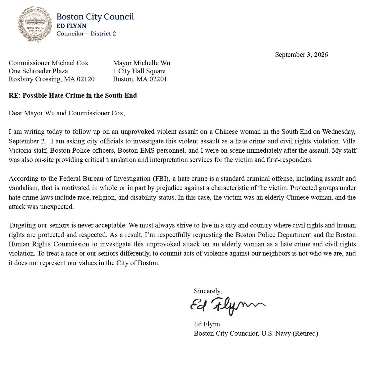 EdforBoston's tweet photo. I sent the attached letter to Mayor Wu and BPD Commissioner Cox, recommending yesterday’s assault against an elderly Asian woman be investigated as a civil rights violation and hate crime. The person involved in the assault should be held accountable for their criminal actions. https://t.co/qpqa4mL0ob