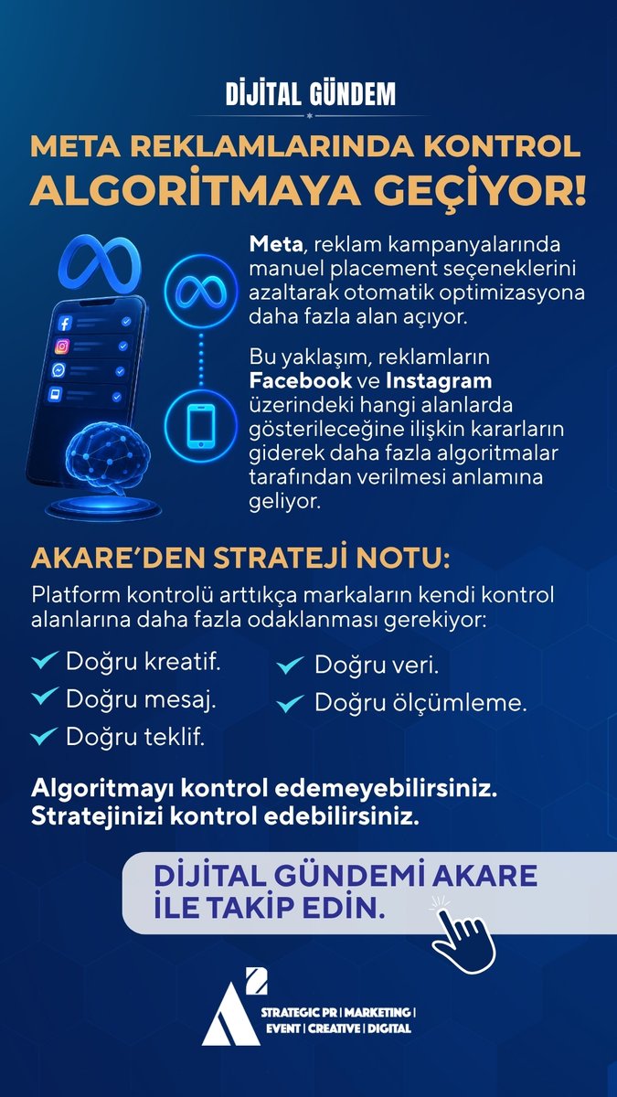 AKarePR's tweet photo. ⚙️ Meta Ads’te otomasyon artıyor.

Platform, bazı manuel placement kontrollerini azaltarak reklamların nerede gösterileceğine ilişkin daha fazla kararı algoritmaya bırakmaya hazırlanıyor. 🤖

Manuel kontrol azaldıkça markaların kontrol etmesi gereken alanlar daha önemli hale geliyor:

🎨 Kreatif
💬 Mesaj
🎯 Teklif
📊 Veri
📈 Ölçümleme

Algoritmayı kontrol edemeyebilirsiniz. Stratejinizi kontrol edebilirsiniz. 🧠