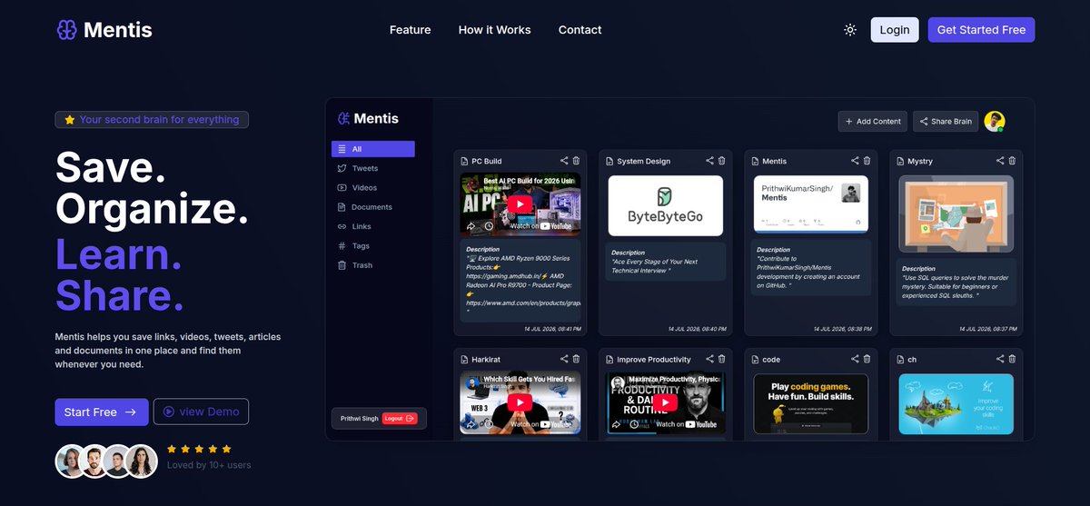 PrithwiSingh_'s tweet photo. 🚀 Introducing Mentis 🧠

A personal AI-powered second brain to help you save, understand, and revisit the things you find online.
Save articles, videos, tweets &amp; documents.

🔗Live :-  https://t.co/BoLqrMnHpp
💻 Github :- https://t.co/FSEUxc4TkP

Would love your feedback 🙌 https://t.co/UX6b6IaHCD