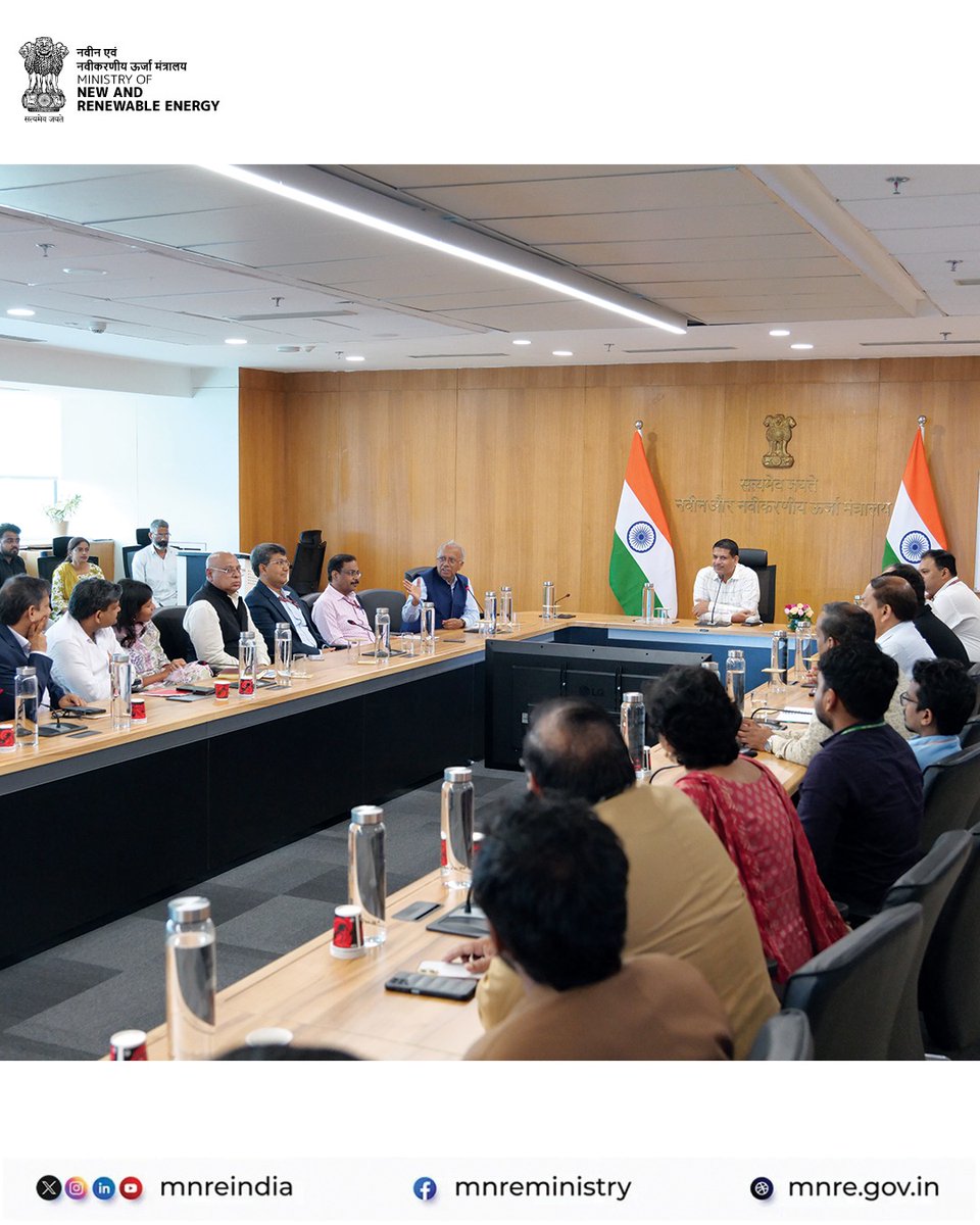 mnreindia's tweet photo. Today, Shri Santosh Sarangi, Secretary, MNRE, chaired the meeting for the release of the report on “Scaling up Floating Solar Photovoltaic Systems” by the Department of Hydro and Renewable Energy, IIT Roorkee, at Atal Akshay Urja Bhawan, New Delhi.

The meeting discussed the potential and scope of reservoir-based floating solar projects, along with policy and regulatory considerations for scaling up FPV deployment in India. The efforts and contributions of all stakeholders involved in bringing out the report were appreciated.
#solarenergy #PMSSY #FloatingSolar #MNRE