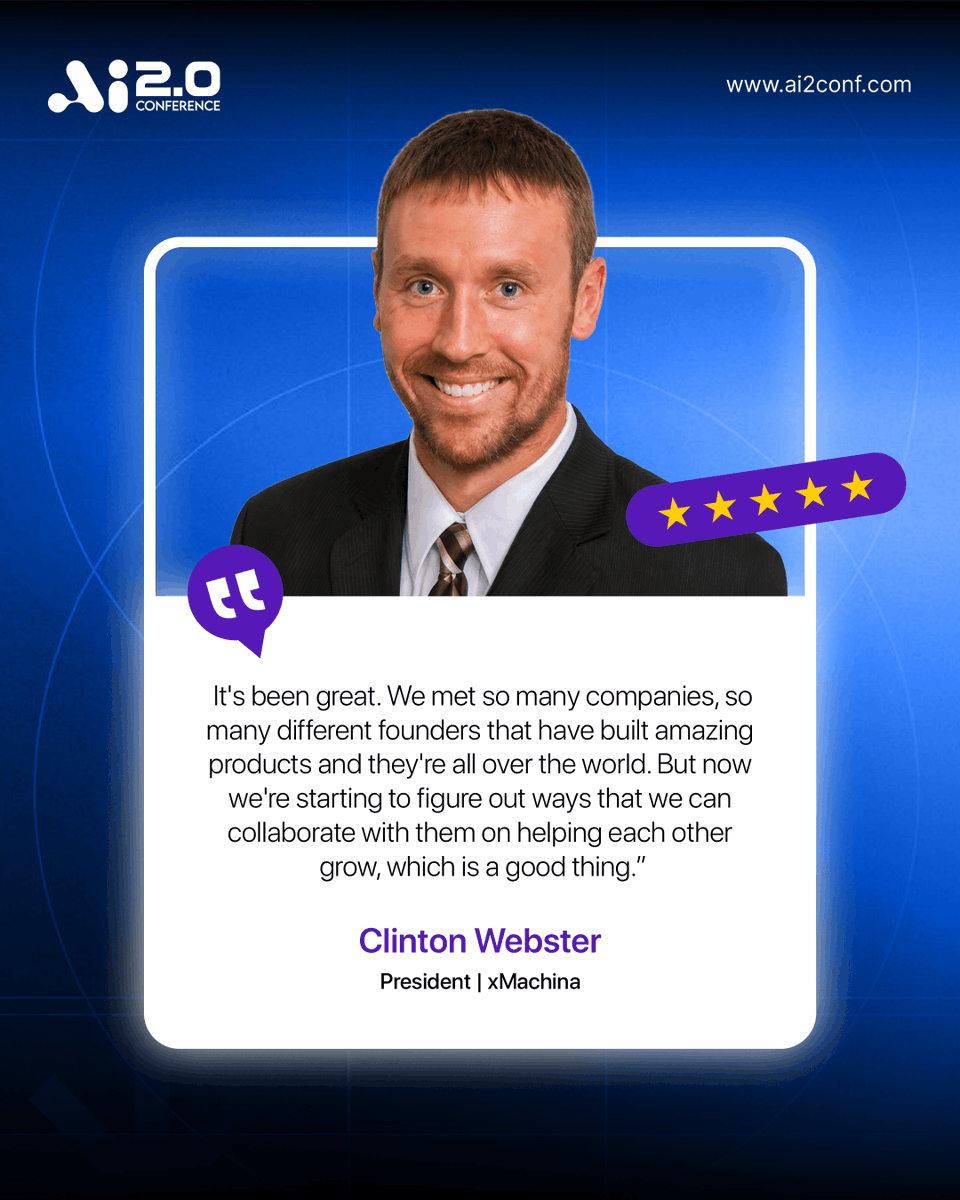 ai2conf's tweet photo. The right connection can become the start of something bigger.
Clinton Webster of xMachina reflects on meeting founders from around the world and exploring new opportunities to collaborate and grow at our tech conference.
#AI2Conf #AIInnovation #Networking https://t.co/reFJTC6aA8