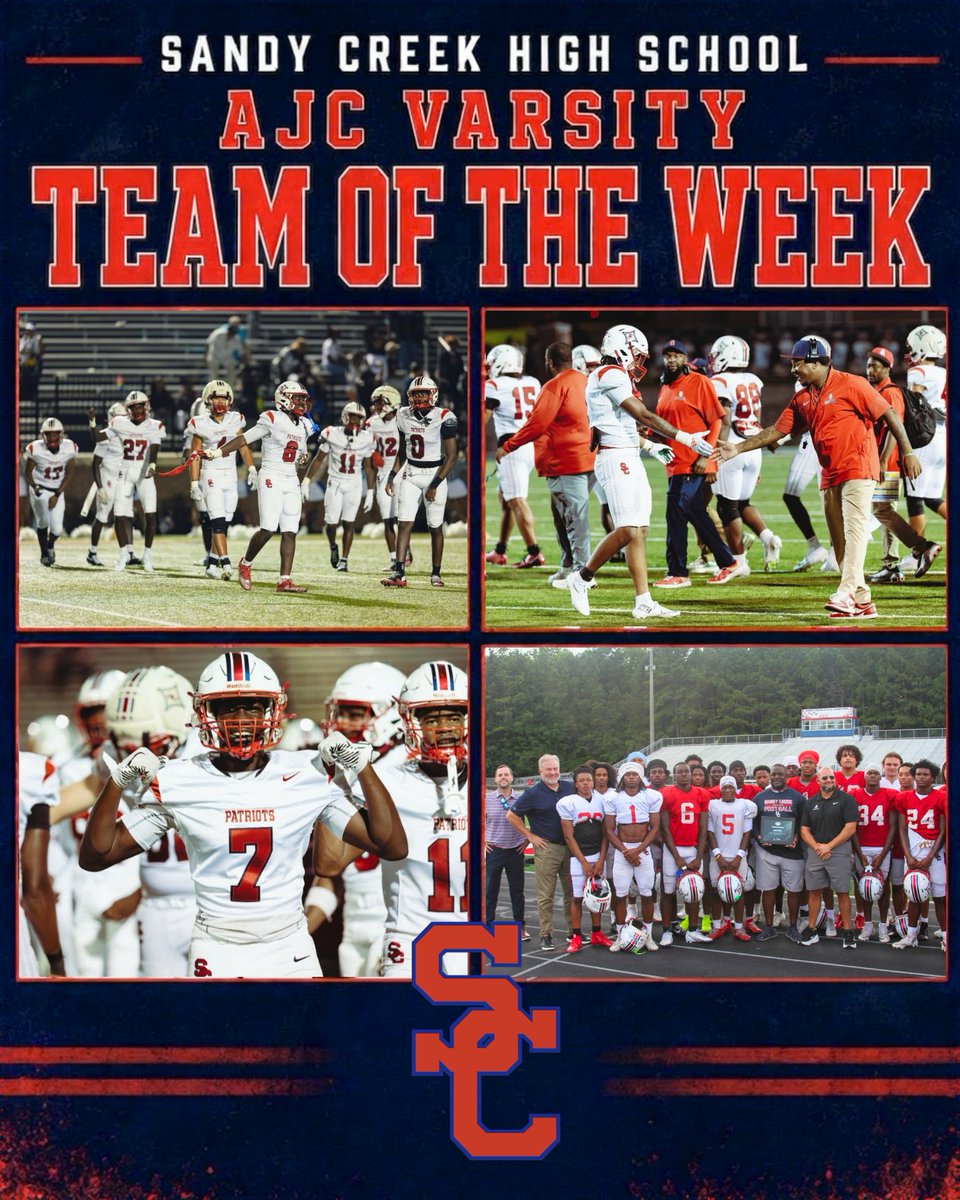 SCHS_Patriots's tweet photo. The Sandy Creek Varsity Football team has been chosen as the AJC Varsity Team of the Week!

The Patriots are off to a 2–0 start with wins over Class 7A programs Grayson (21–13) and Douglas County (21–0).

Congrats to our players and coaches on this well-deserved recognition! https://t.co/b0VcoKlive
