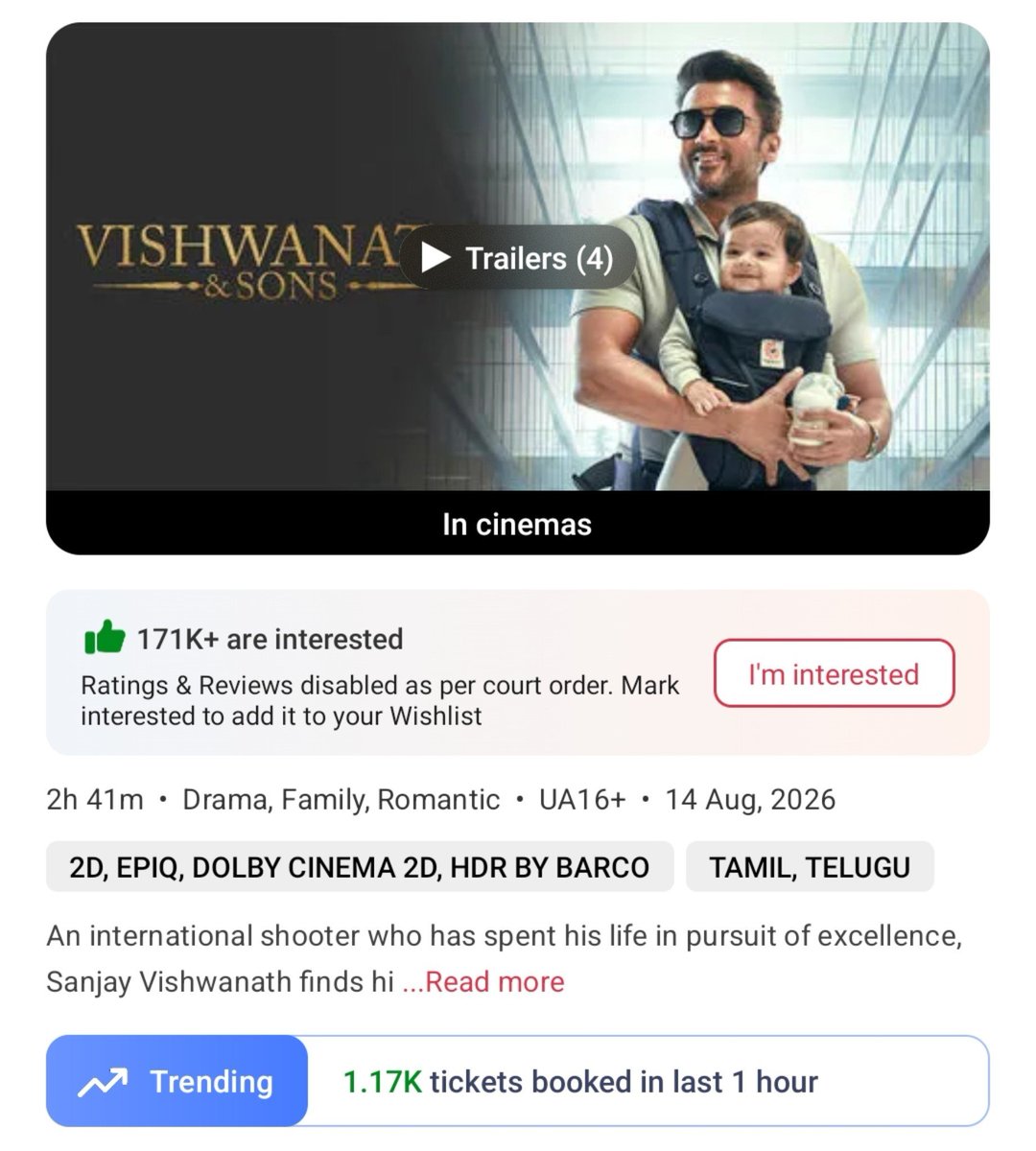filmy_view's tweet photo. #VishwanathAndSons  
7-8pm  
Tickets sold on BMS- 1170
Total from 5pm- 3440 https://t.co/EzUd2pCjsS