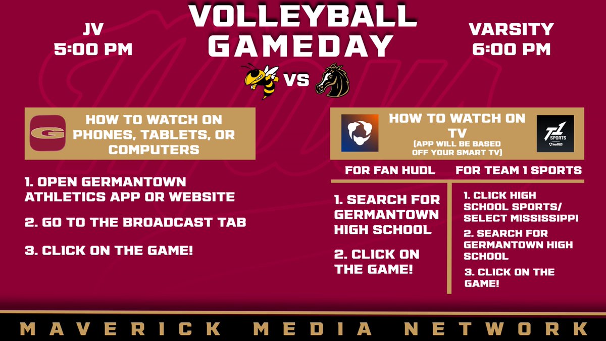 MavMediaNetwork's tweet photo. Maverick Media Network will be live-streaming the JV and Varsity Volleyball games against region opponent Starkville. @ghsmavericks #gomavs https://t.co/csYBpLZVnk