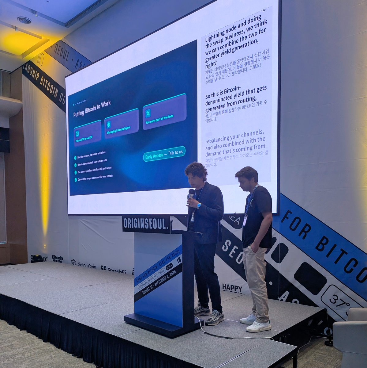 kaleidoswap's tweet photo. Origin Seoul just wrapped. 

🎤 Walter, Manuel, and Emile all spoke. Recordings coming soon.

The side event with @RGBAssociation and @utexocom confirmed interest in USDT returning to Bitcoin.

🤝 Thanks @ORIGINseoulBTC for having us. https://t.co/mAbkcE66qH