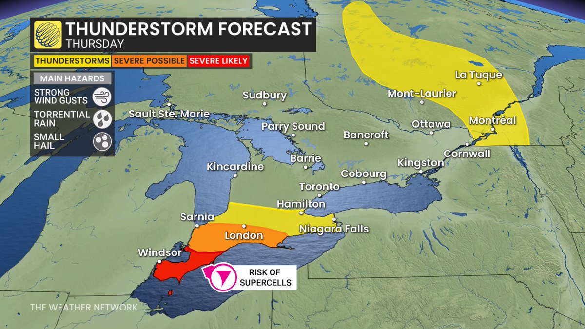 MurphTWN's tweet photo. Today's #thunderstorm risk zones: 1) southwestern Ontario this aft into the evening. Should stay west of the GTA. Some potent storms should be expected. 2) Across the Prairies with heavy rain &amp; even funnel clouds in NW Alberta; powerful storms near the U.S. border of MB &amp; SK https://t.co/Y4S4VksdZV