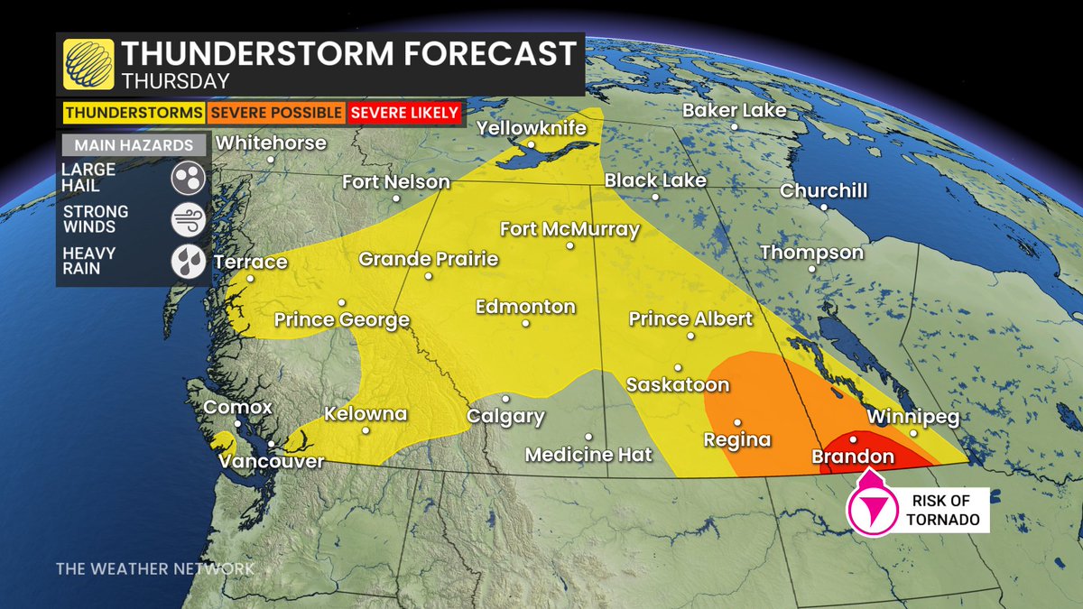 MurphTWN's tweet photo. Today's #thunderstorm risk zones: 1) southwestern Ontario this aft into the evening. Should stay west of the GTA. Some potent storms should be expected. 2) Across the Prairies with heavy rain &amp; even funnel clouds in NW Alberta; powerful storms near the U.S. border of MB &amp; SK https://t.co/Y4S4VksdZV