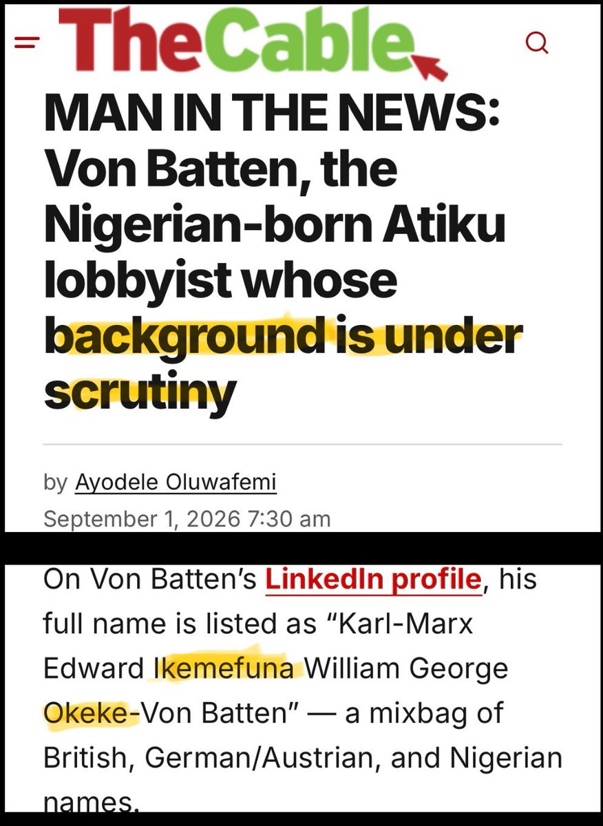 AloyEjimakor's tweet photo. I see it as curious that emphasis is now being shifted from the Tinubu US records to the IGBO ancestry of Von Batten, the Atiku US lobbyist that is leading the charge to release the Tinubu records. Interesting times ahead. https://t.co/h3rogKtwpm