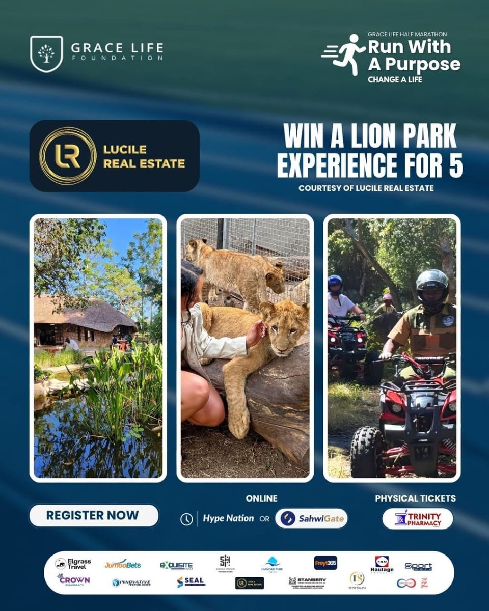GraceLifeFDN's tweet photo. Register for the Grace Life Half Marathon 2026 and stand a chance to WIN A LION PARK EXPERIENCE FOR 5, courtesy of Lucile Real Estate! 

📅 6 September 2026 | 05:30 AM
📍 ZB Sports Club, Vainona, Harare
💵 $20

Register Now on either of the 2 links below👇🏾:

https://t.co/tYAJEF9jVw

https://t.co/1GjFF1bIHO

Or grab a physical ticket at any Trinity Pharmacy branch in Harare.

*T&Cs apply.

#RunWithPurpose #GraceLifeHalfMarathon2026 #ChangeALife #WinALionExperience