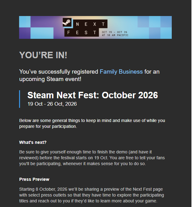 rage_devv's tweet photo. Family Business was accepted for the upcoming Steam Next Fest in October.

We are really excited!

#steamnextfest #indiegame #gamedev https://t.co/zIvcSHDlIT