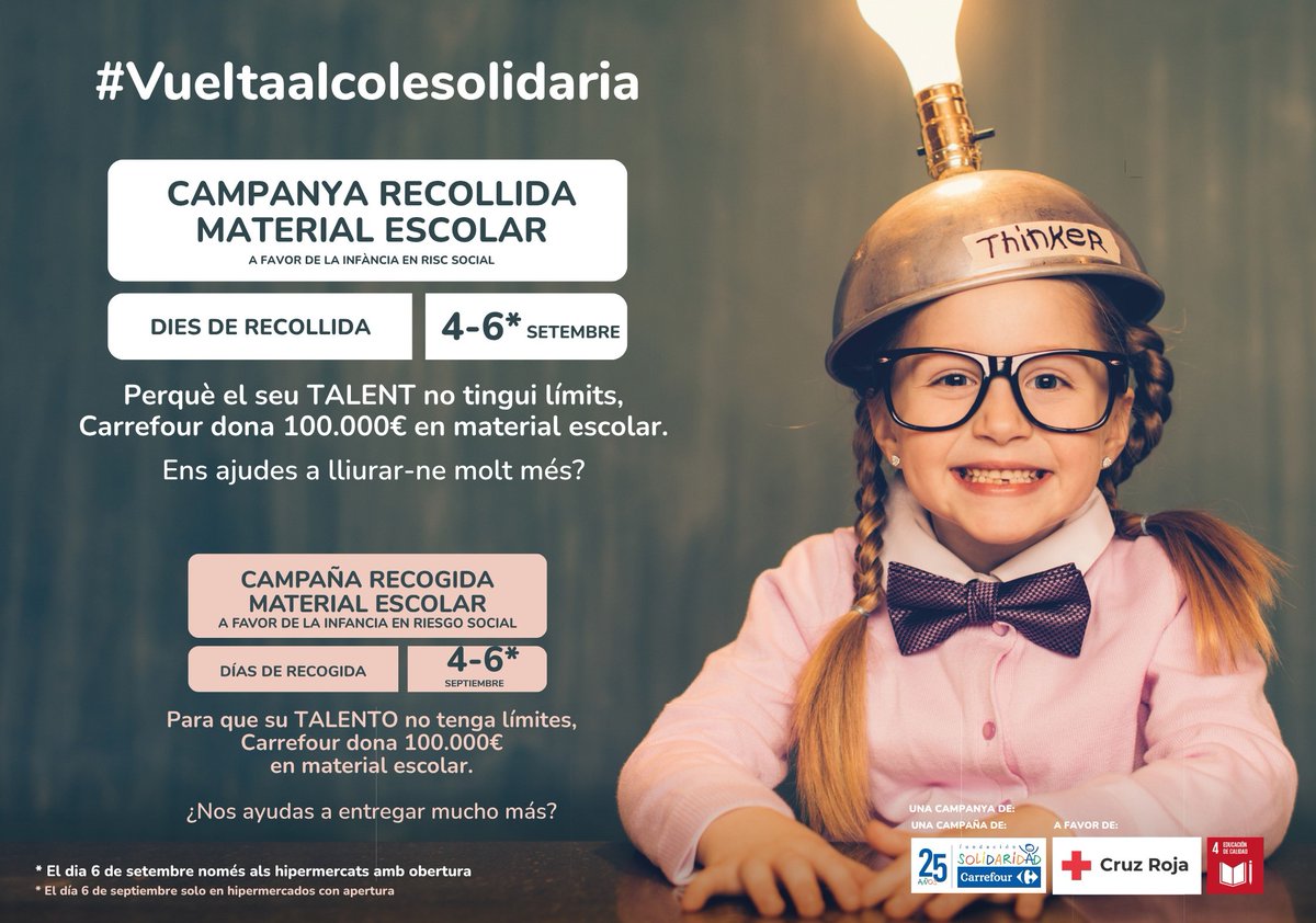 CreuRojaBCN's tweet photo. 📚Tot infant mereix començar el curs amb tot el necessari per aprendre i créixer. Aquest cap de setmana, serem a @CarrefourES dels centres comercials La Maquinista i Les Glòries en la campanya de recollida de material escolar.    

Col·labora-hi‼️

#VueltaAlColeSolidaria https://t.co/8jqduT0apA