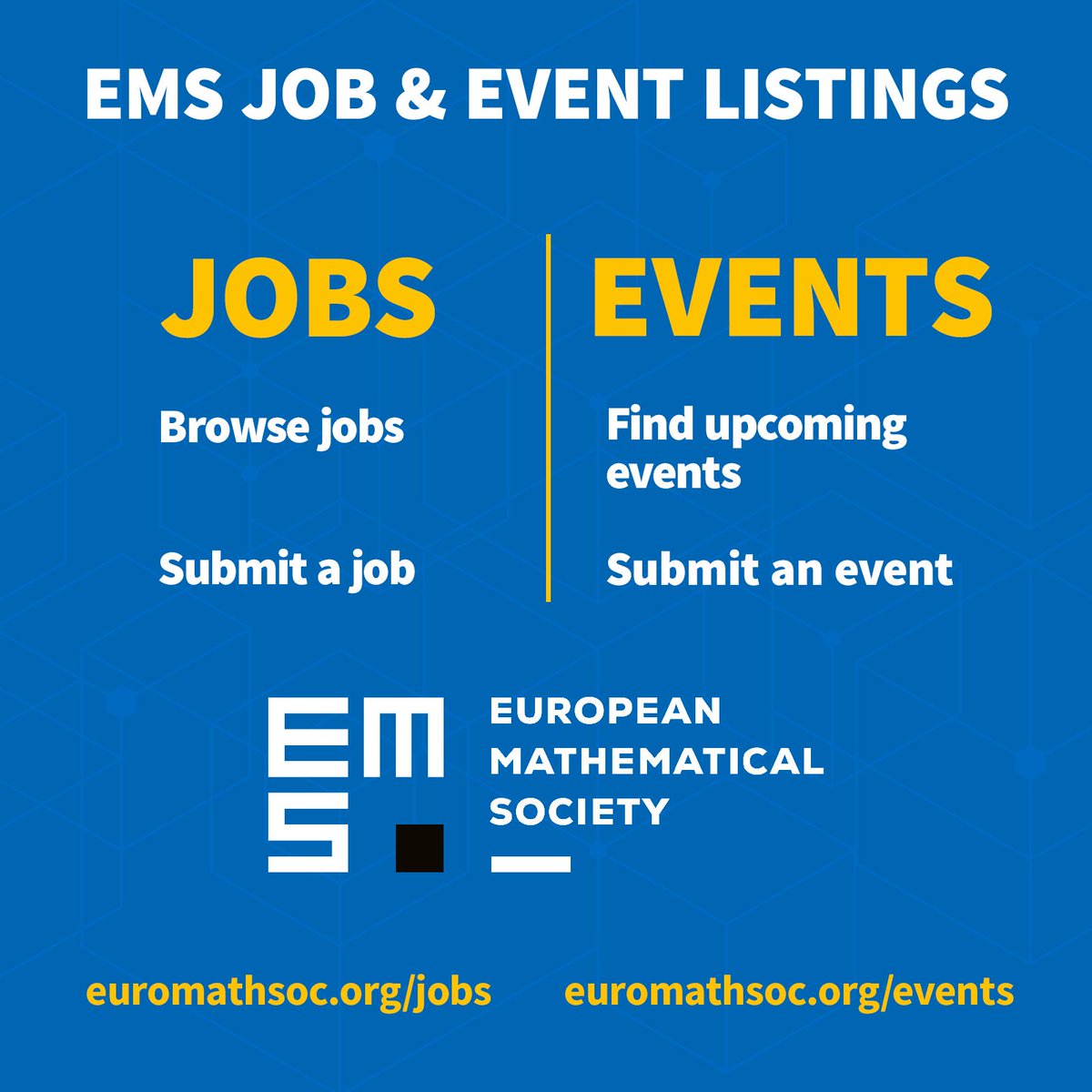 euromathsoc's tweet photo. Looking for mathematical opportunities? 🔎

The EMS website lists job vacancies and upcoming conferences, workshops, schools and other events from across the mathematical community.

💼 Jobs: https://t.co/lOt5ApxTJm
📅 Events: https://t.co/elfg55TuU9 https://t.co/uXVRaVWIIT