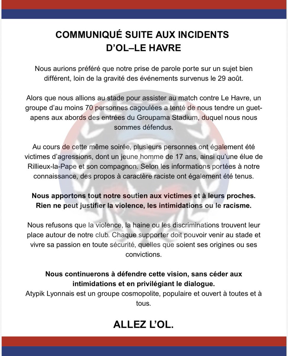 AtypikLyonnais's tweet photo. Communiqué suite aux incidents d’OL-Le Havre https://t.co/QSgGKJPV48