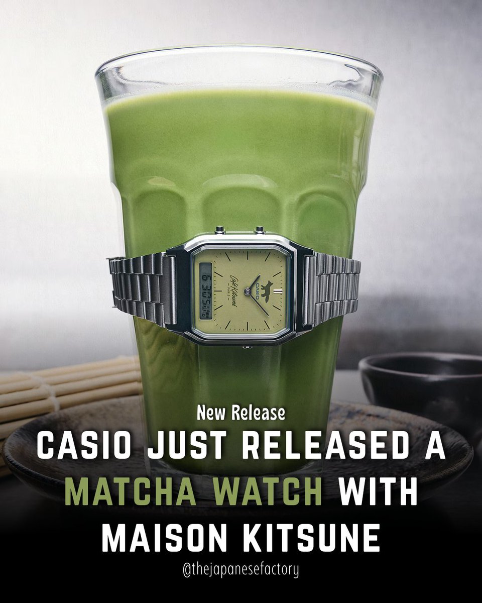 JPFactoryYT's tweet photo. Casio x Café Kitsuné just dropped — matcha green AQ-230 with the Kitsuné fox on the dial, engraved on the caseback and clasp, and a special matcha package. Dual time, stopwatch, daily water resistance, 3-year battery. Japan-exclusive, September 2026. https://t.co/Rtfd2jK4J8
