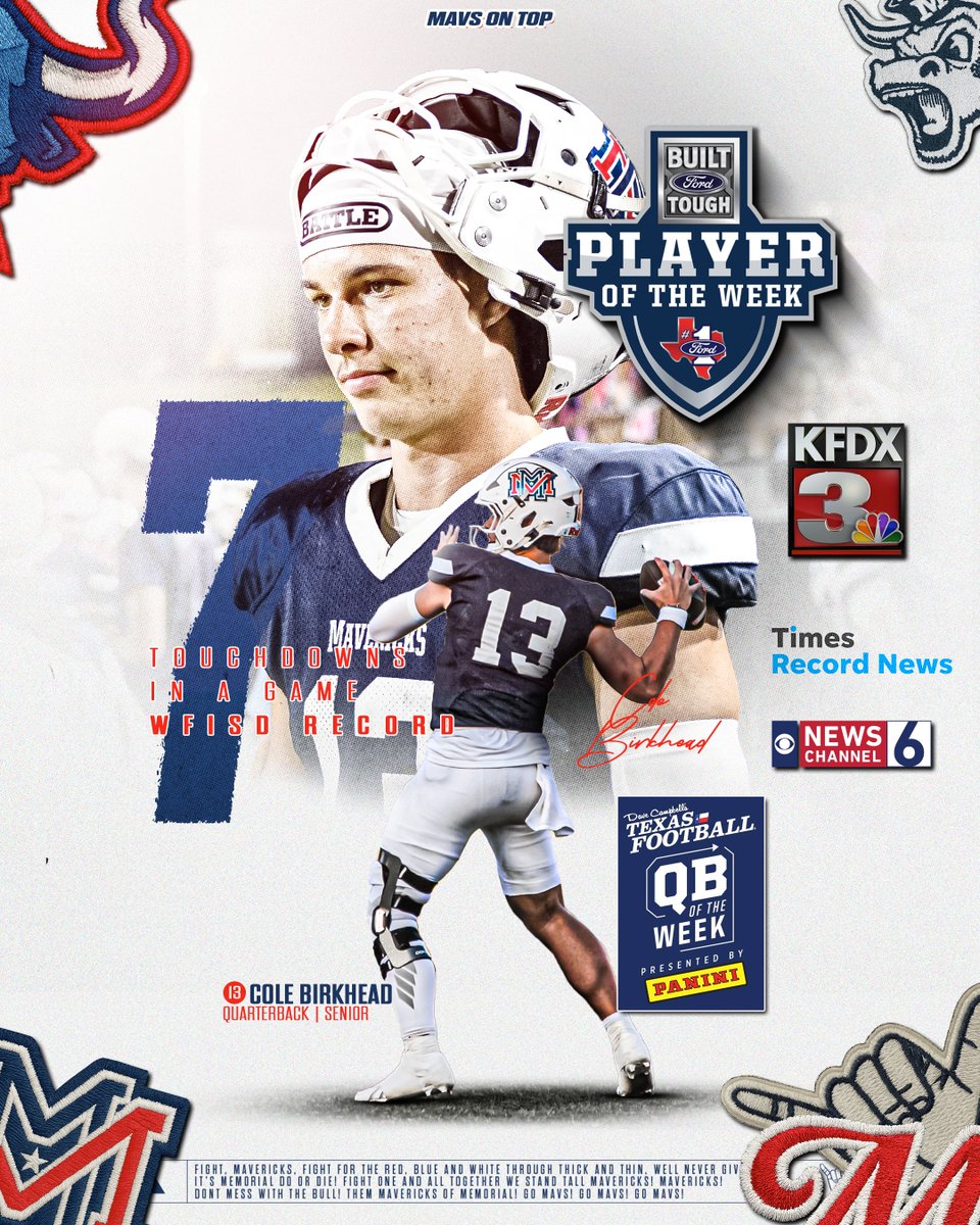 MaverickFBWF's tweet photo. 🔴⚪️🔵Awards!🔵⚪️🔴

Cole Birkhead (@Birkhead_Cole Sr.)
ran away with the awards after his 7 TD performance tying the WFISD record for most passing TDs in a game and breaking the MHS record

Winning 5 State and local area awards and recognitions!

#BazookaBirkhead
#MavsOnTop 🤙 https://t.co/h0o5NFlMcr