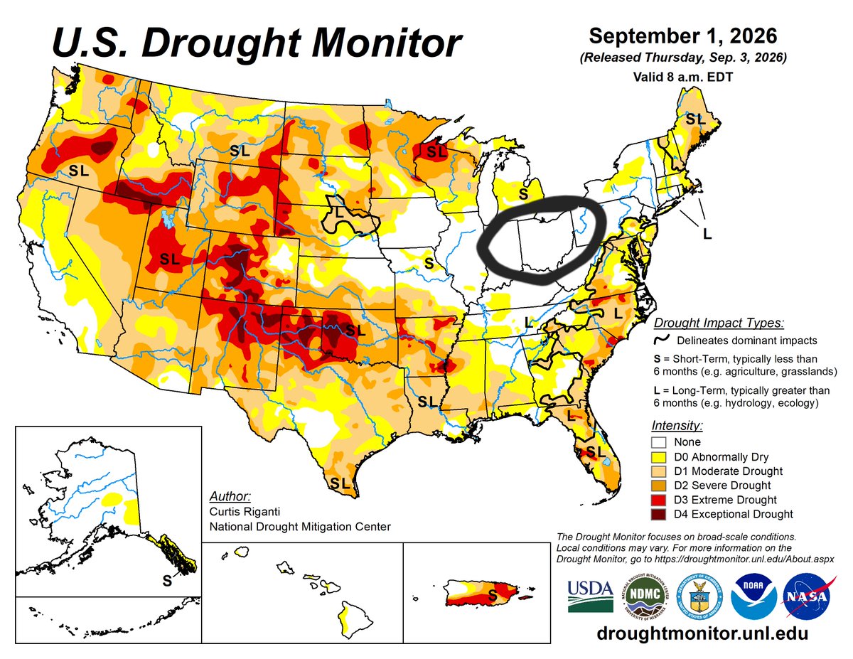 TylerSebreezy's tweet photo. As of September 1st, the only state in the U.S. that has no drought or pre-drought is Ohio. That's it. Just Ohio! https://t.co/SodwdLl4aB