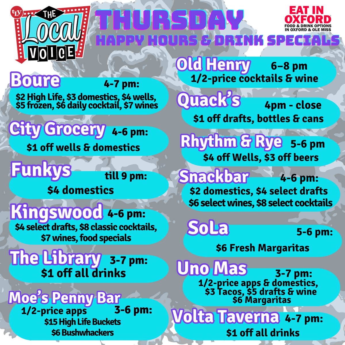 TheLocalVoice's tweet photo. EAT IN OXFORD: Thursday, September 3, 2026 Food and Drink Options + Entertainment in Oxford, Mississippi

https://t.co/E9i58FLDsq https://t.co/JpFVWpTid1