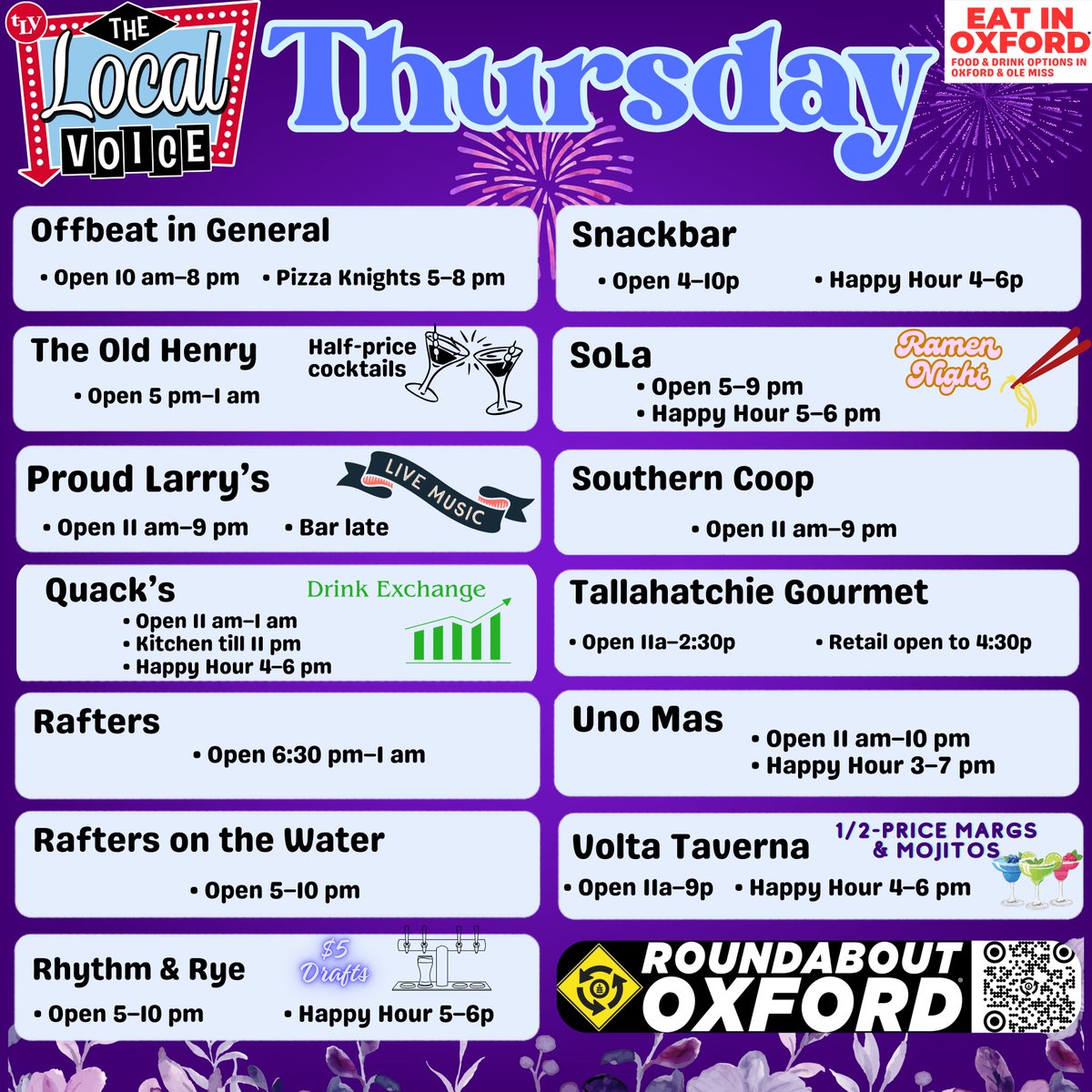 TheLocalVoice's tweet photo. EAT IN OXFORD: Thursday, September 3, 2026 Food and Drink Options + Entertainment in Oxford, Mississippi

https://t.co/E9i58FLDsq https://t.co/JpFVWpTid1