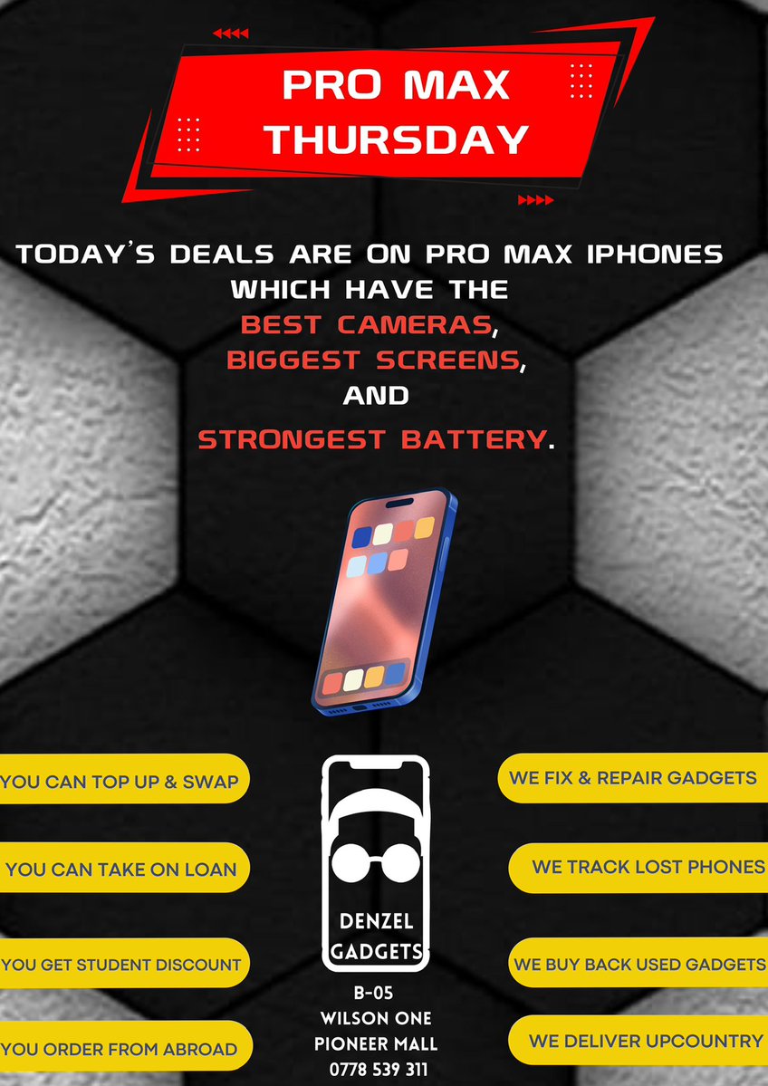 DenzelGadgets's tweet photo. Pro Max Thursday at @DenzelGadgetsUG 📲 

For more, follow the Denzel Gadgets Uganda channel on WhatsApp: https://t.co/rDrEKCOove https://t.co/jM2SqfFvWt