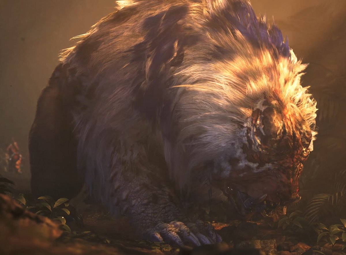 Oceaniz96's tweet photo. First guess: This is what happens when the Frenzy infects Guardian Monsters. 

You can see that the Doshaguma has the purple blotches typical of frenzied monsters, and the base game already established that the Frenzy can mess with Wylk.

SHAGARUUUUUUUU https://t.co/yC98q7WdMc