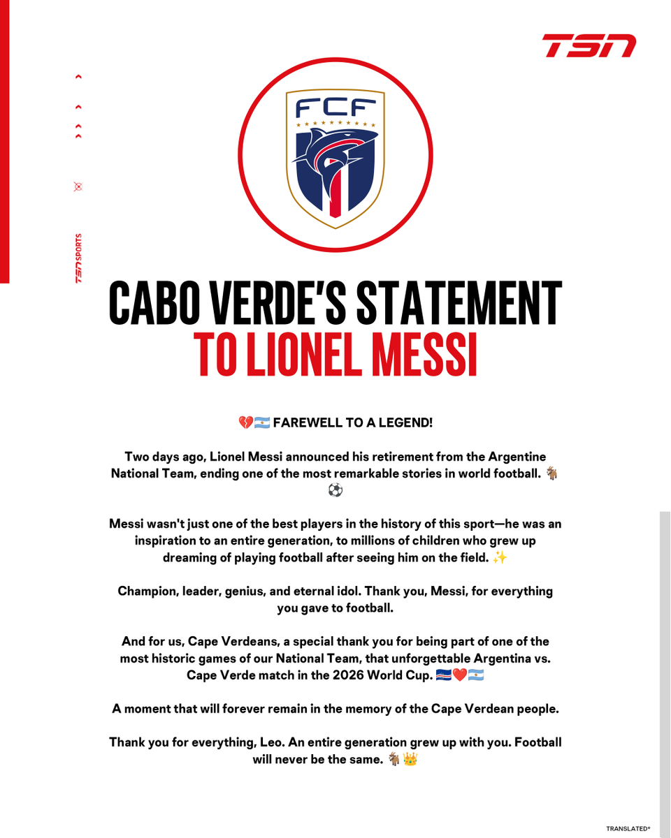 TSN_Sports's tweet photo. The Cabo Verde national football team sent a farewell message to Lionel Messi after announcing his retirement from international football. 🇨🇻🤝🇦🇷 https://t.co/5UCZQwjiag