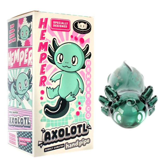 WaterbedsNstuff's tweet photo. An axolotl attitude for your glass collection. The HEMPER Axolotl Hand Pipe packs personality into 5 inches of glass—complete with a themed gift box. 
#HEMPER #GlassArt  #cannabis #cannabiscommunity #ThursdayThought #Thursdayspecial #eminem https://t.co/8VOg4OElrE https://t.co/pW7Dz7BIYa