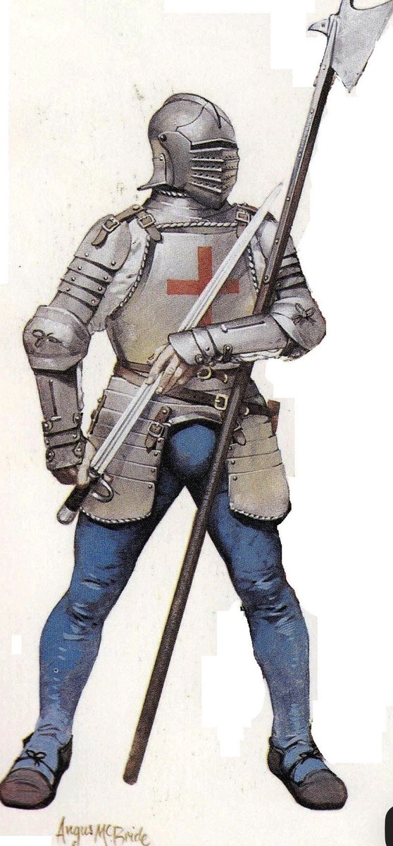 Argonaut1535's tweet photo. 🏴󠁧󠁢󠁥󠁮󠁧󠁿🏴󠁧󠁢󠁳󠁣󠁴󠁿Scottish & English Armored pikeman & billmen at the Battle of Flodden in 1513.  

The heavily armored “New” Scottish Pikemen/Men at Arms were able to withstand the hail of English Longbowmen, a tactic that had worked brilliantly for the English in the past;

This battle wasn’t decided by the longbow; the morale, tactics, and experience of the English commanders are what won the day. 

Note the “bellows” sallet they are both wearing, similar to the extant example below dated to 1490-1520.