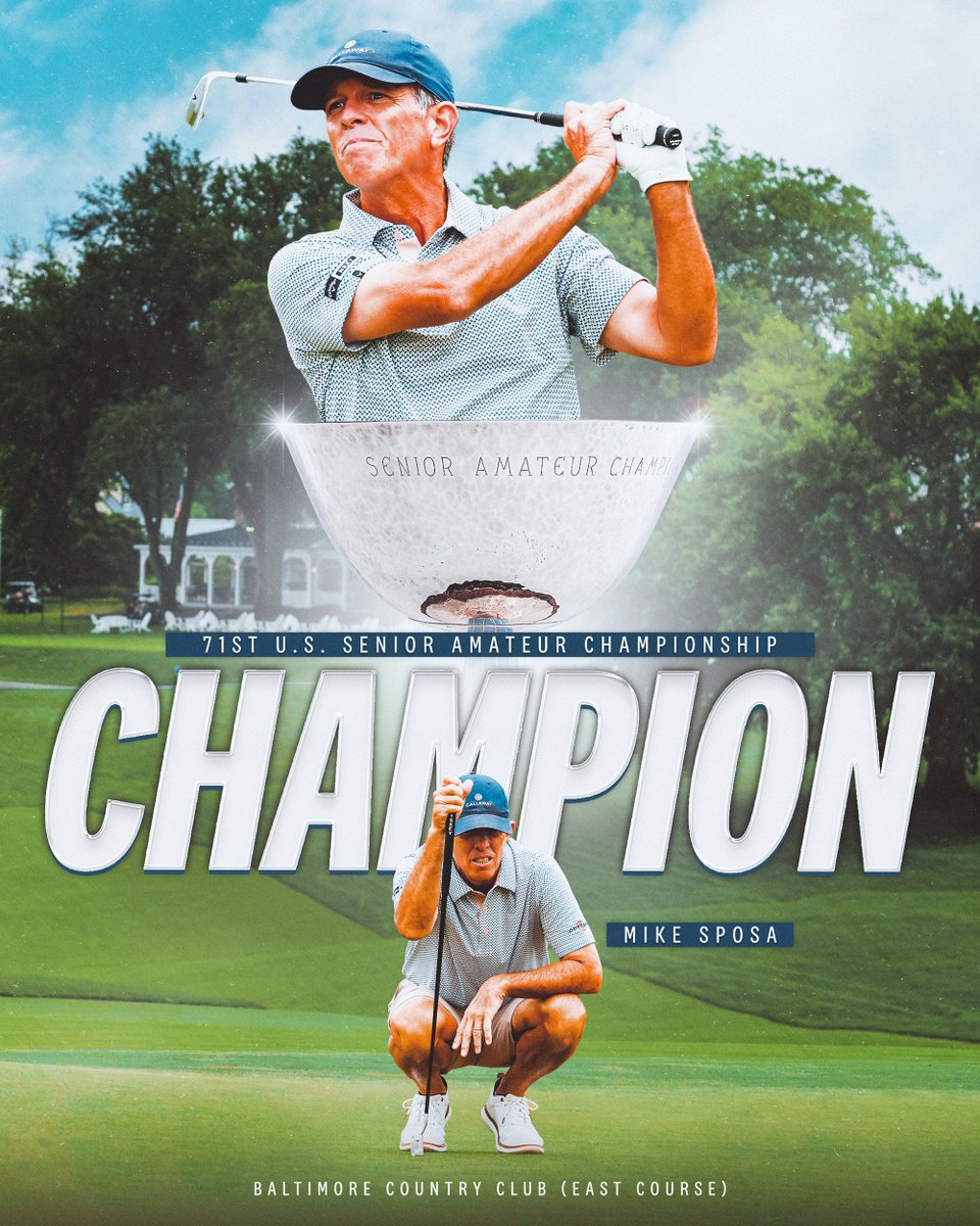 USGA's tweet photo. SENSATIONAL SPOSA! 🏆

A year after coming up just short in his U.S. Senior Amateur debut, Mike Sposa has his first USGA championship. https://t.co/g86mNcCxob