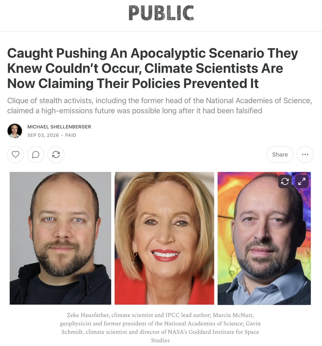 shellenberger's tweet photo. For decades, climate scientists said climate change was apocalyptic. It never was, as new UN scenarios prove. Scientists knew this and pushed a falsified scenario anyway. Now exposed, the scientists are falsely claiming that it was their policies that averted catastrophe. https://t.co/og9t7CLPoz