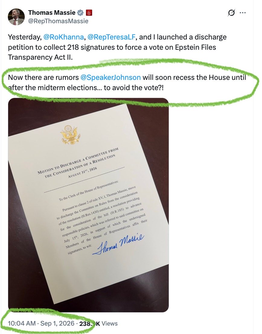 RepThomasMassie's tweet photo. 🔥Tuesday I tweeted Mike Johnson would recess Congress until after the election in an attempt to stymie our latest Epstein bill. Johnson went on TV adamantly saying that was STUPID and we’d work every day. Today he announced we’ll recess on Sept 17… until after the election! https://t.co/MwSsJKJ4oR
