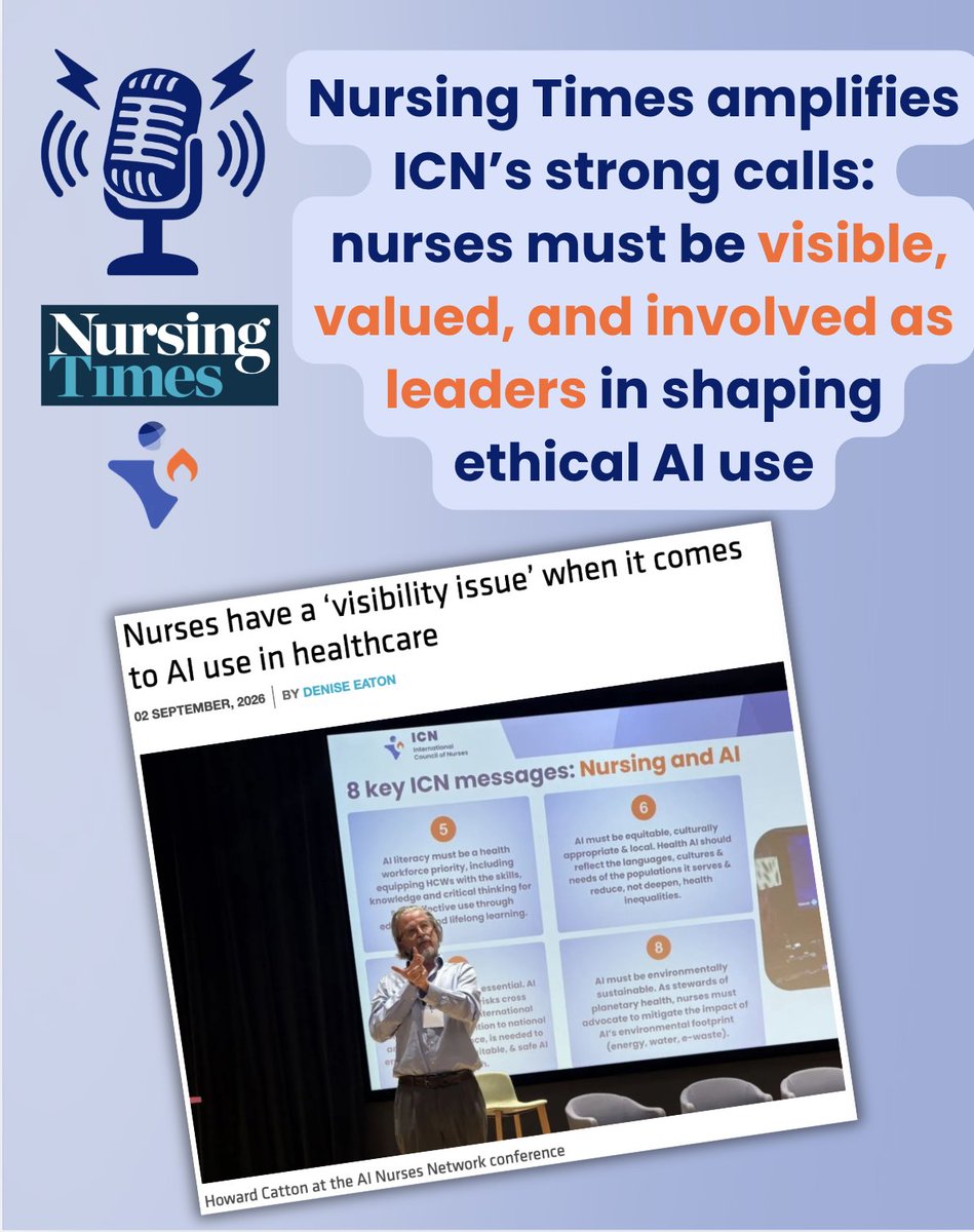 ICNurses's tweet photo. Thank you to @NursingTimes for highlighting the strong messages ICN brought to the firstย ever #AINurses Network Conference this week.
As AI transforms healthcare, nurses must be visible as active partners in shaping AI design, use, and governance. Too often, we hear others speaking for nursing rather than drawing on nursing expertise directly. We must value the unique insights, leadership, and public trust nurses have and put nursing at the centre of health technology decisions.
๐ Read the article: https://t.co/hxCeWDz0EM
@HowardCatton