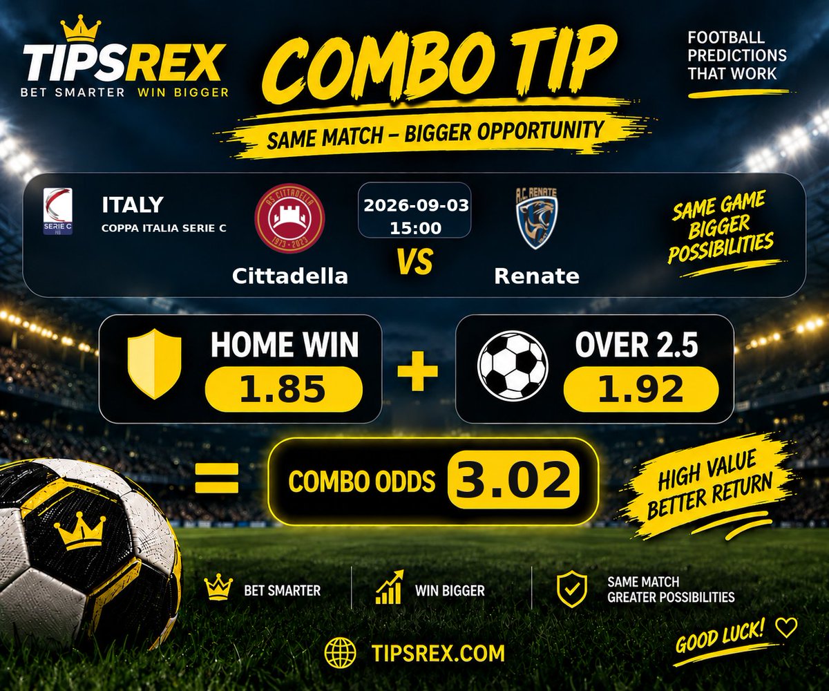 Tipsrex's tweet photo. #Football #BettingTips #ComboTip #SameGameParlay #CoppaItaliaSerieC #Cittadella #Renate #18plus https://t.co/bq6KVlZysE