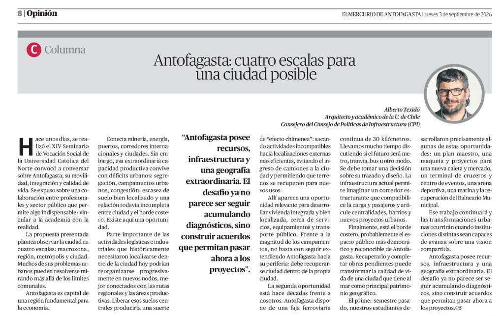 texidozlatar's tweet photo. [Columna] “Antofagasta: cuatro escalas para una ciudad posible” vía @mercurioafta 

@uchile @mundofau_uchile @consejo_cpi @GOREAntofagasta @muniantof @CreoAntofagasta @aminerals @UcnPastoral @UCNorte @CAA_AG https://t.co/h5KMebey3h