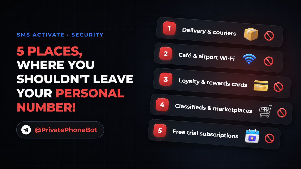 PrivatePhoneBot's tweet photo. 5 PLACES WHERE YOU SHOULDN’T LEAVE YOUR PERSONAL NUMBER
1️⃣ Delivery & couriers
2️⃣ Café & airport Wi-Fi
3️⃣ Loyalty cards
4️⃣ Marketplaces
5️⃣ Free trials
Use a separate virtual number.
👉 https://t.co/vowt7abPhA
#Privacy #VirtualNumber https://t.co/sKAZCN24d7
