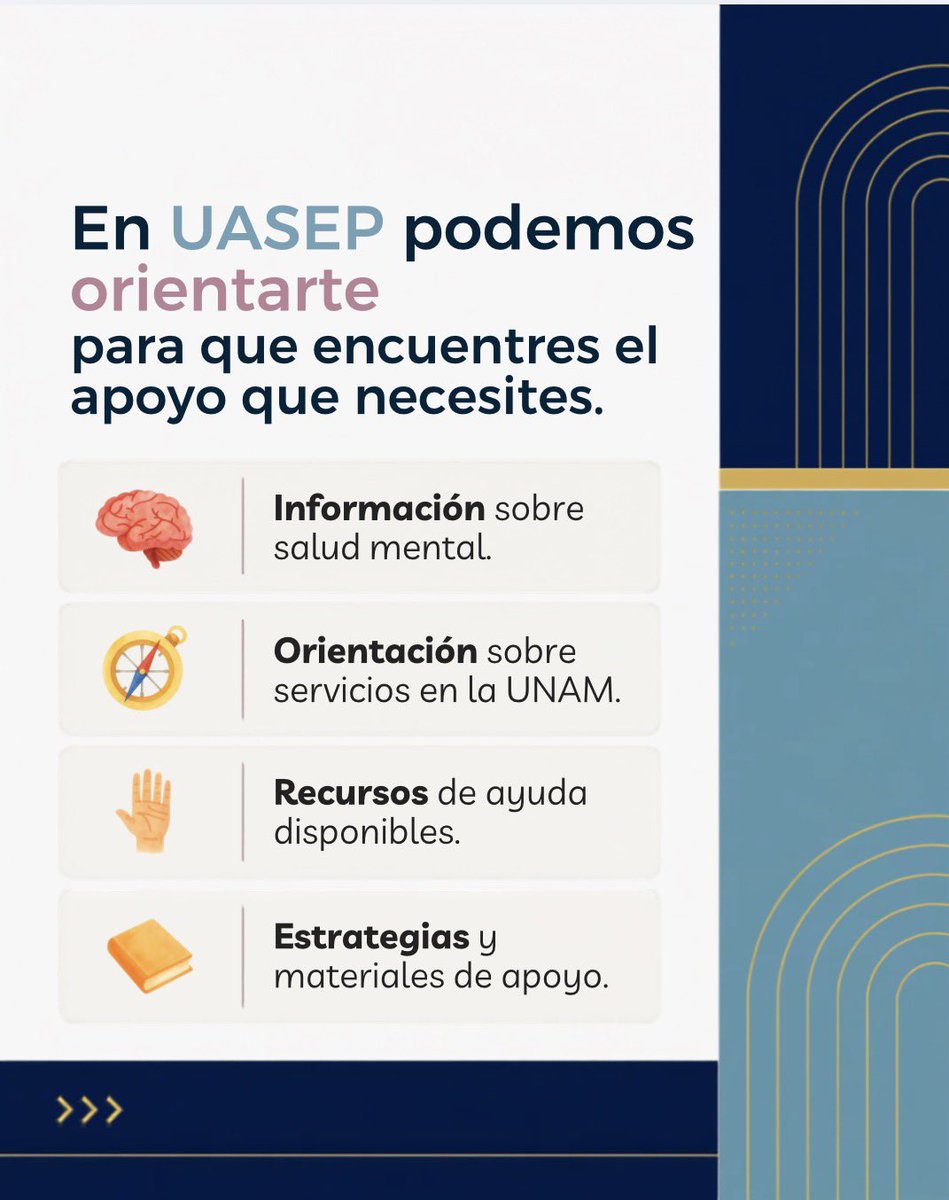 uasep_unam's tweet photo. ¿Cómo puede ayudarte la UASEP? 🚨

En la vida por la Universidad podemos atravesar momentos de estrés, preocupación, cambios o situaciones que pueden afectar nuestro bienestar emocional.

Descubre cómo podemos ayudarte 👇

#UASEPUNAM #UNAM #SaludMentalUNAM #ComunidadUNAM https://t.co/e6zqTsulJQ