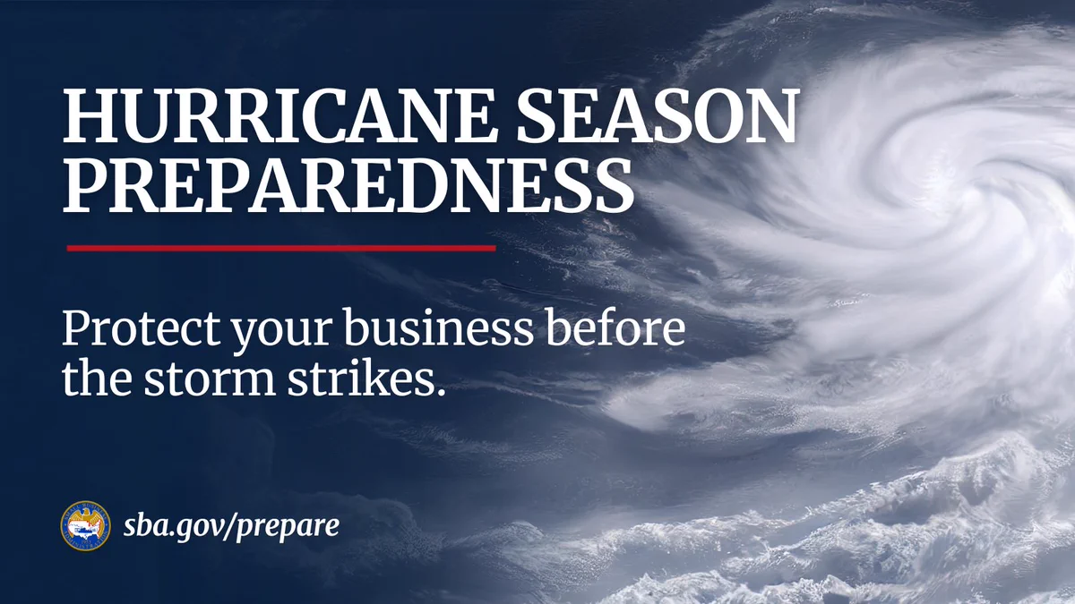 Hurricane preparedness graphic featuring a swirling storm image. Text reads "Hurricane Season Preparedness" and "Protect your business before the storm strikes." Includes the URL sba.gov/prepare with an SBA seal. 